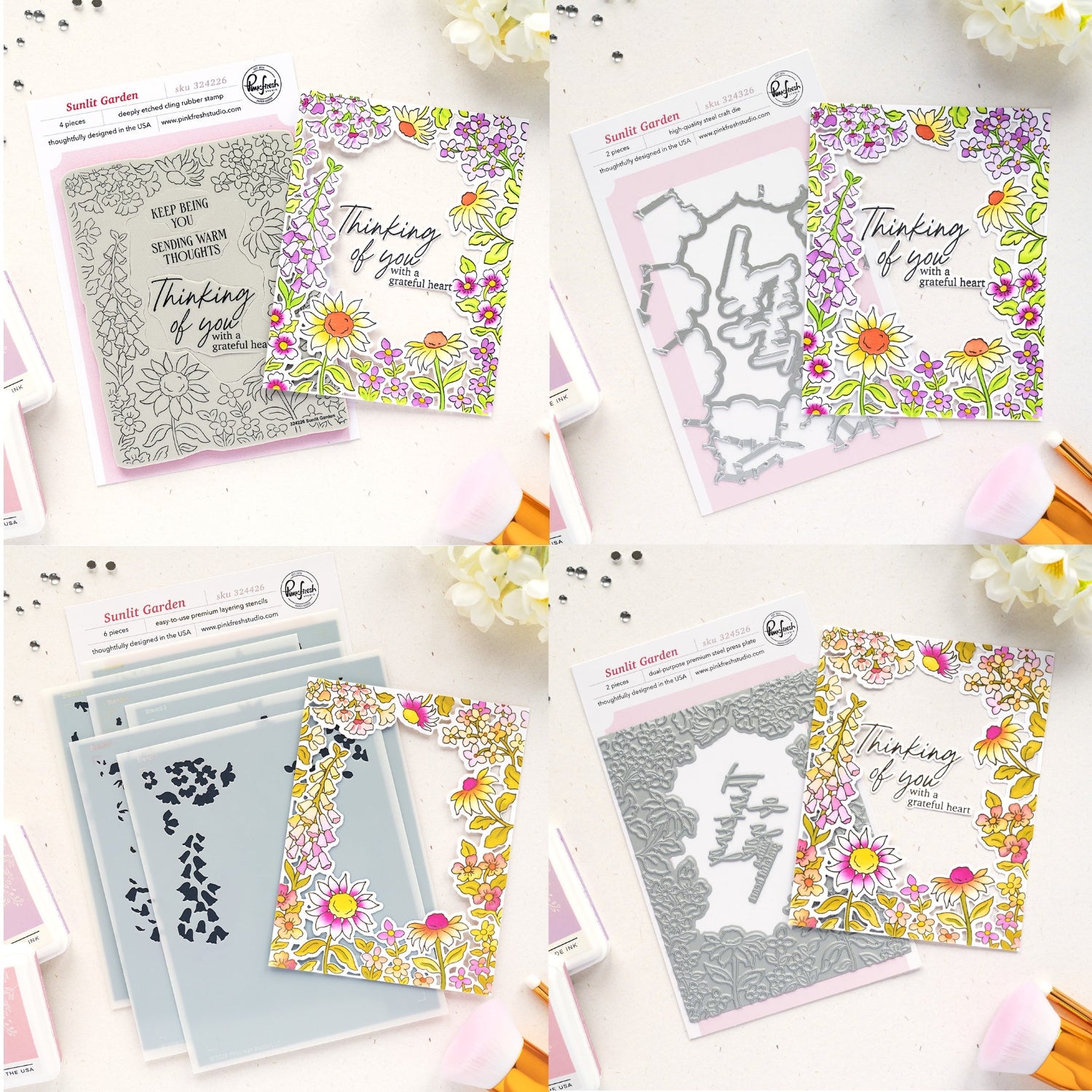 Pinkfresh Studio Sunlit Garden Cling Stamps Dies Stencils And Press Plates Bundle