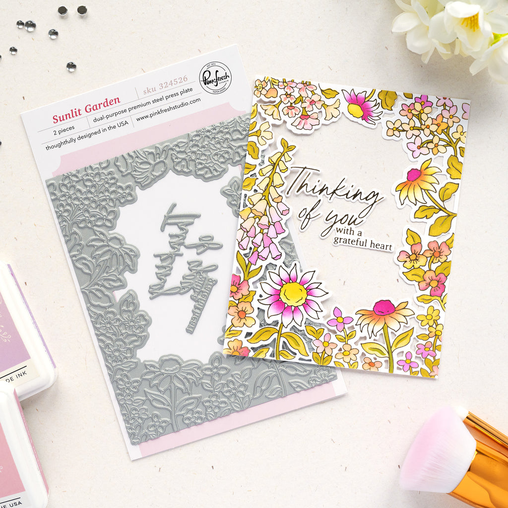 Pinkfresh Studio Sunlit Garden Cling Stamps Dies Stencils And Press Plates Bundle 324526 Letterpress And Foil Set