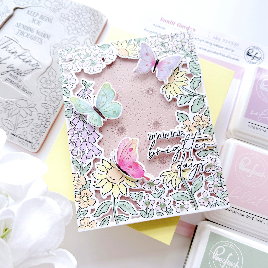 Pinkfresh Studio Sunlit Garden Cling Stamps Dies Stencils And Press Plates Bundle Cheryl Espie Brighter Days Butterfly Card