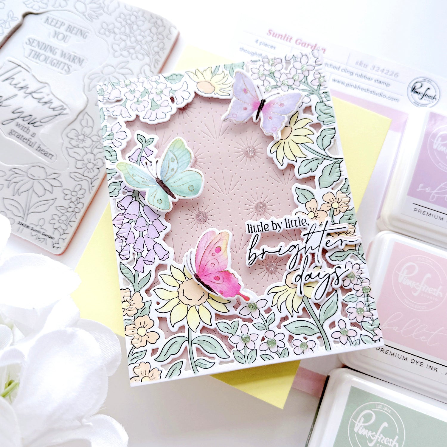 Pinkfresh Studio Sunlit Garden Cling Stamps Dies Stencils And Press Plates Bundle Cheryl Espie Brighter Days Butterfly Card
