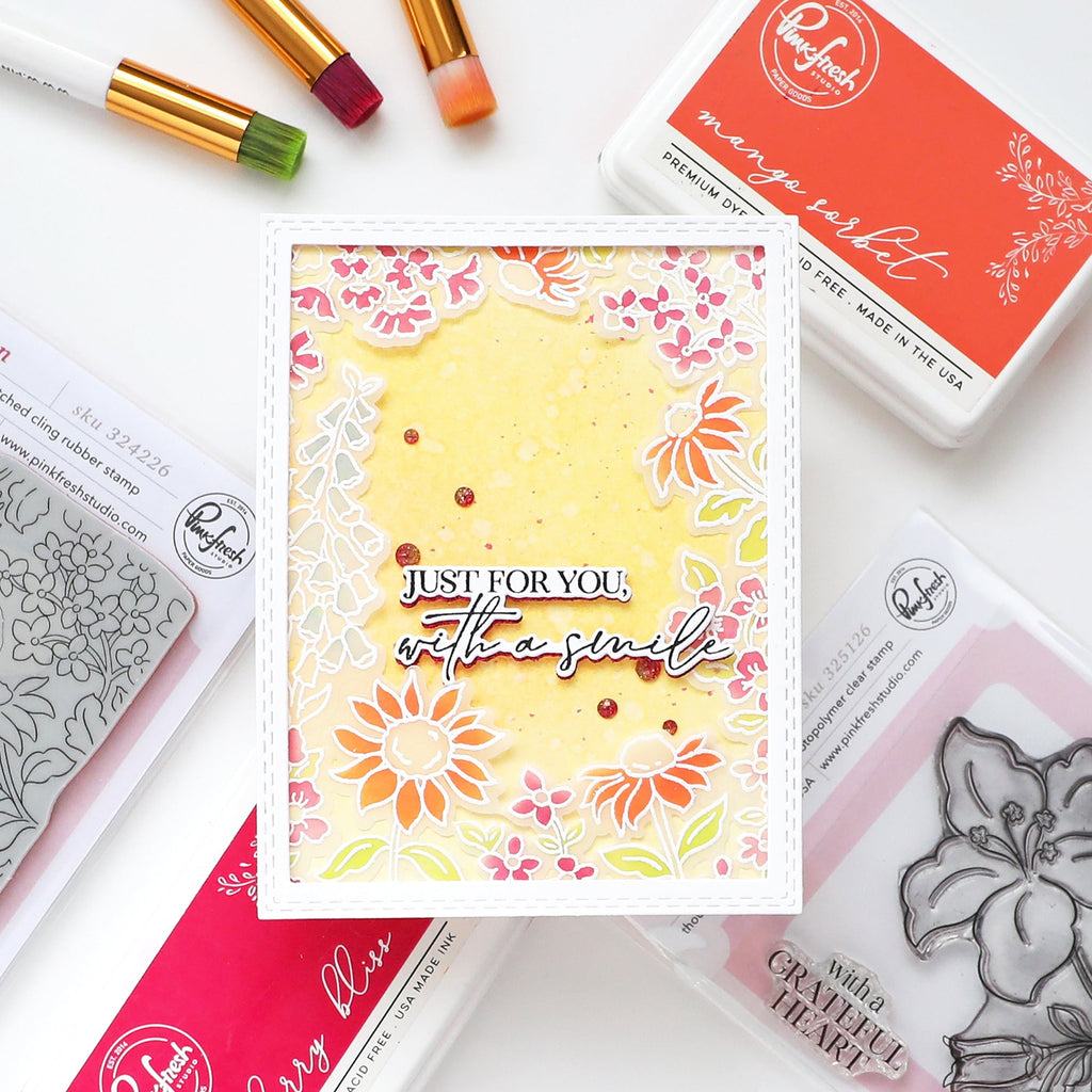 Pinkfresh Studio Sunlit Garden Cling Stamps Dies Stencils And Press Plates Bundle Isha Just for you Floral Card