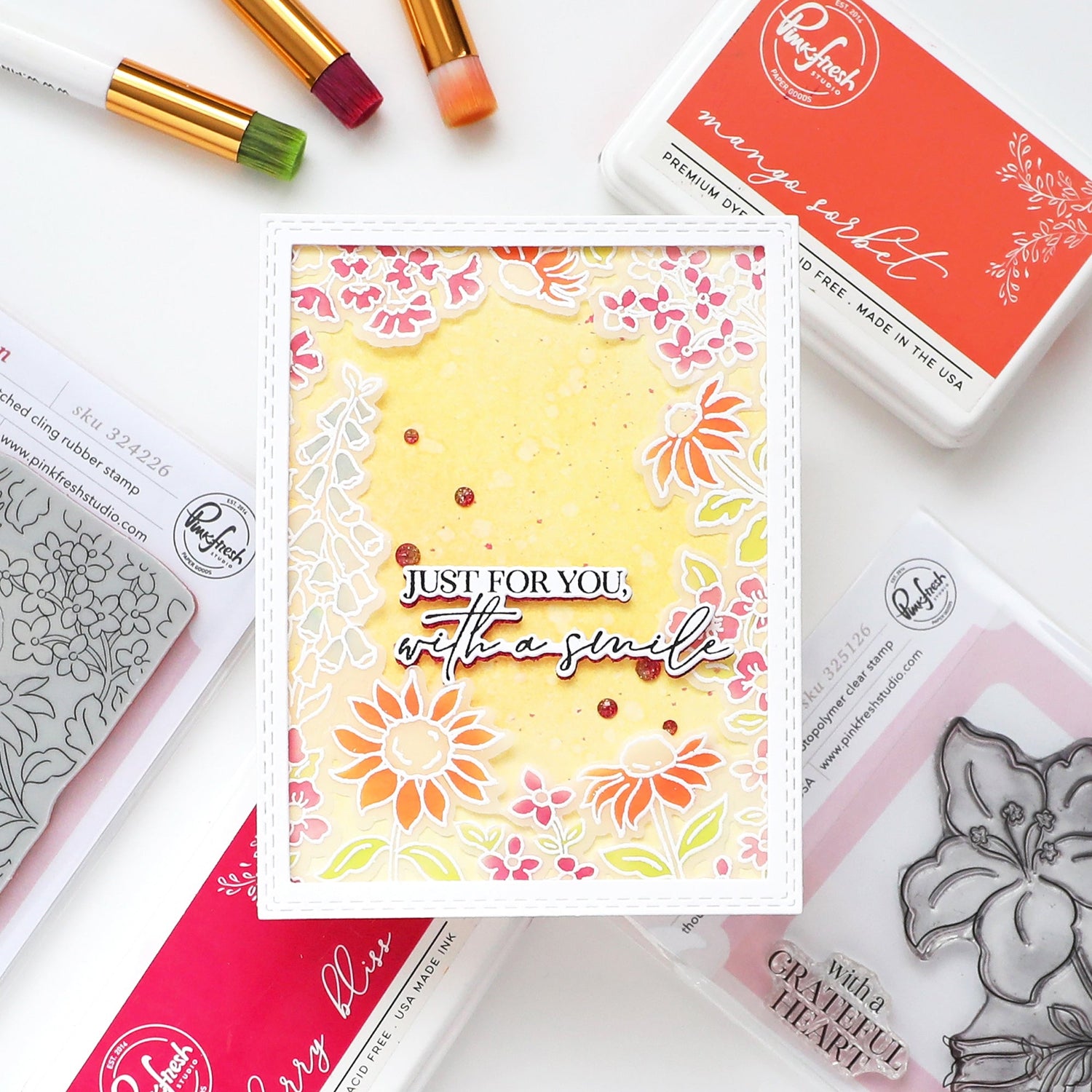 Pinkfresh Studio Sunlit Garden Cling Stamps Dies Stencils And Press Plates Bundle Isha Just for you Floral Card
