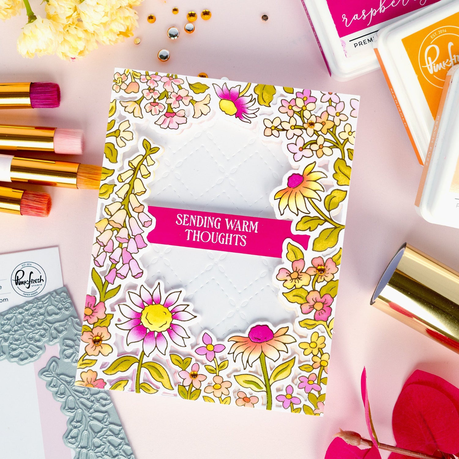 Pinkfresh Studio Sunlit Garden Cling Stamps Dies Stencils And Press Plates Bundle Kathleen Sending Warm Thoughts Card