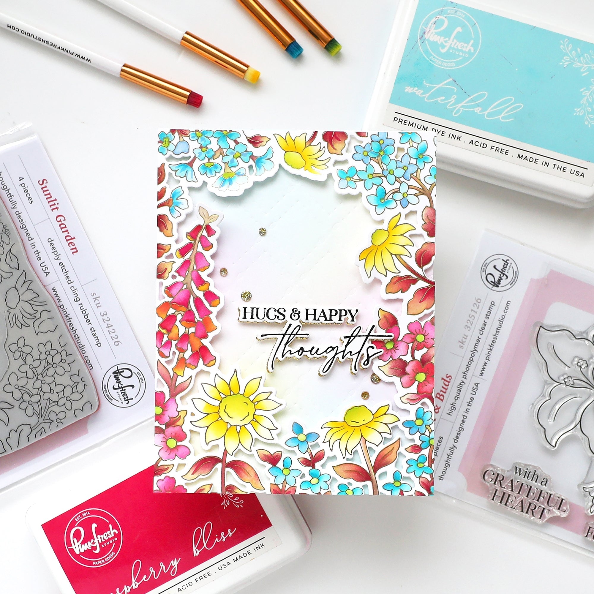 Pinkfresh Studio Sunlit Garden Dies 324326 Hugs And Happy Thoughts Card