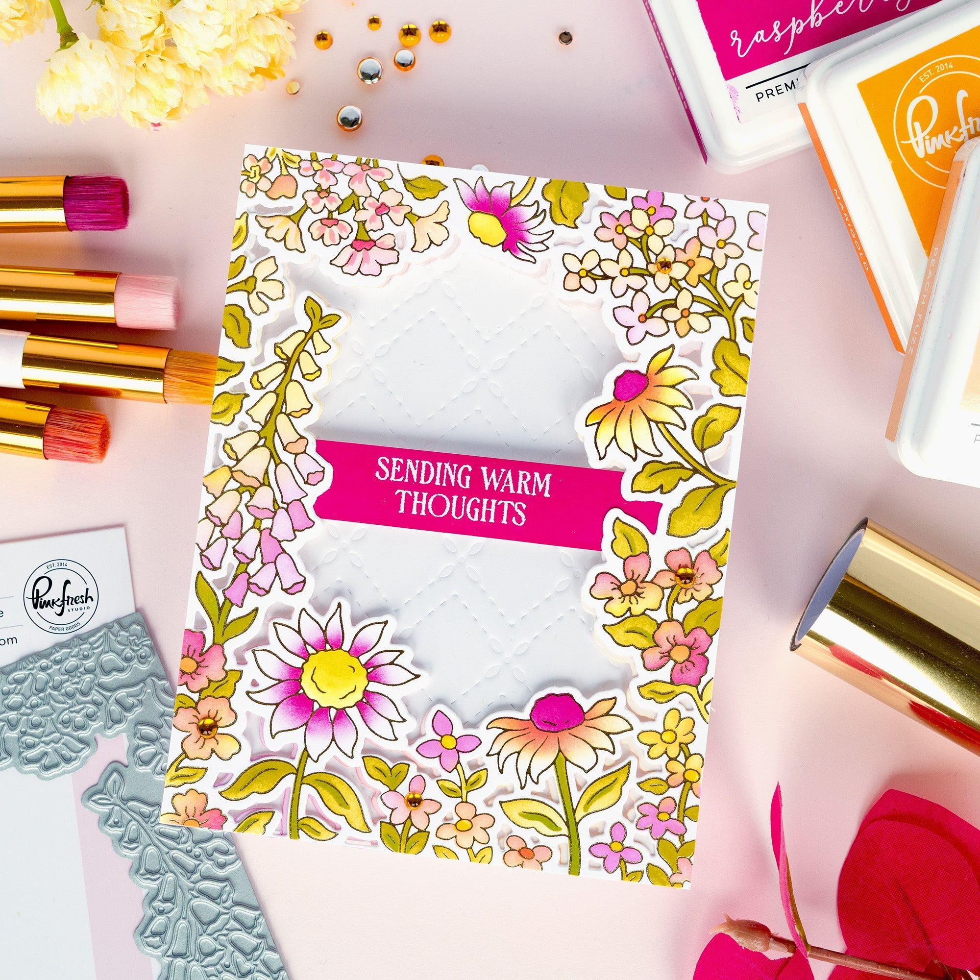 Pinkfresh Studio Sunlit Garden Stencils 324426 Sending Warm Thoughts Card