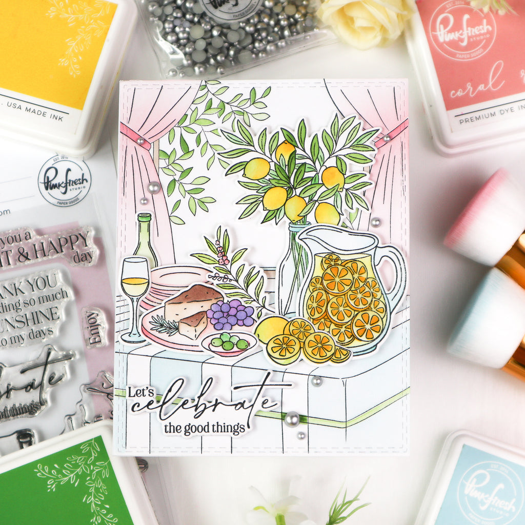 Pinkfresh Studio Sunlit Table Cling Stamp And Stencils Bundle TaeEun Let's Celebrate good things lemonade card