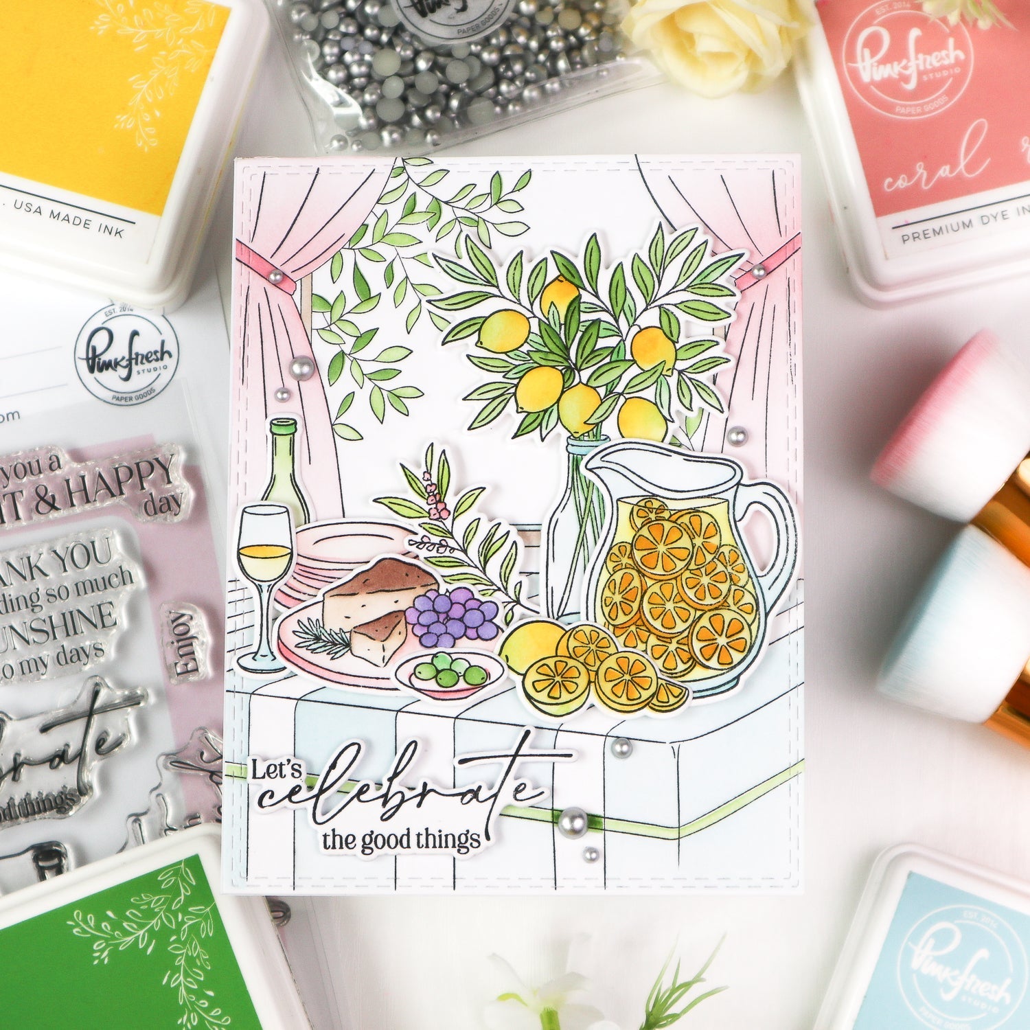 Pinkfresh Studio Sunlit Table Stencils 325026 Celebrate The Good Things Card