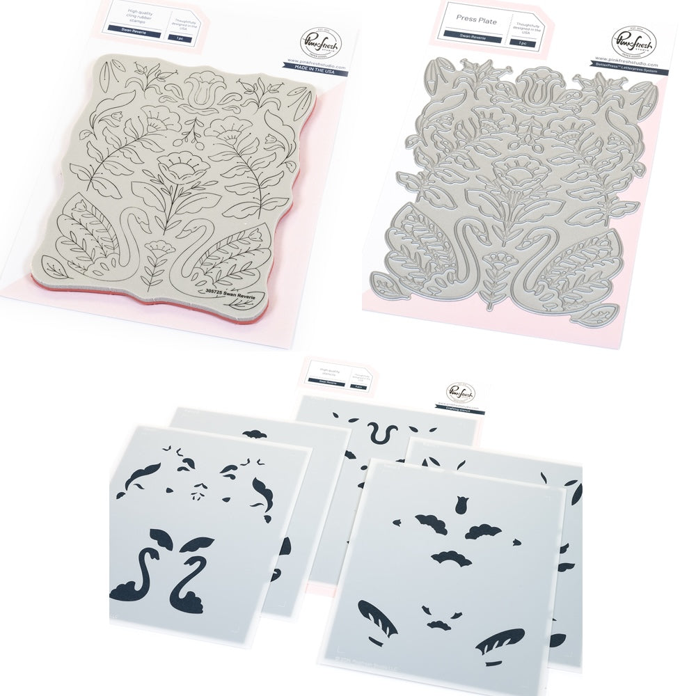 Pinkfresh Studio Swan Reverie Cling Stamp Stencils And Press Plate Bundle