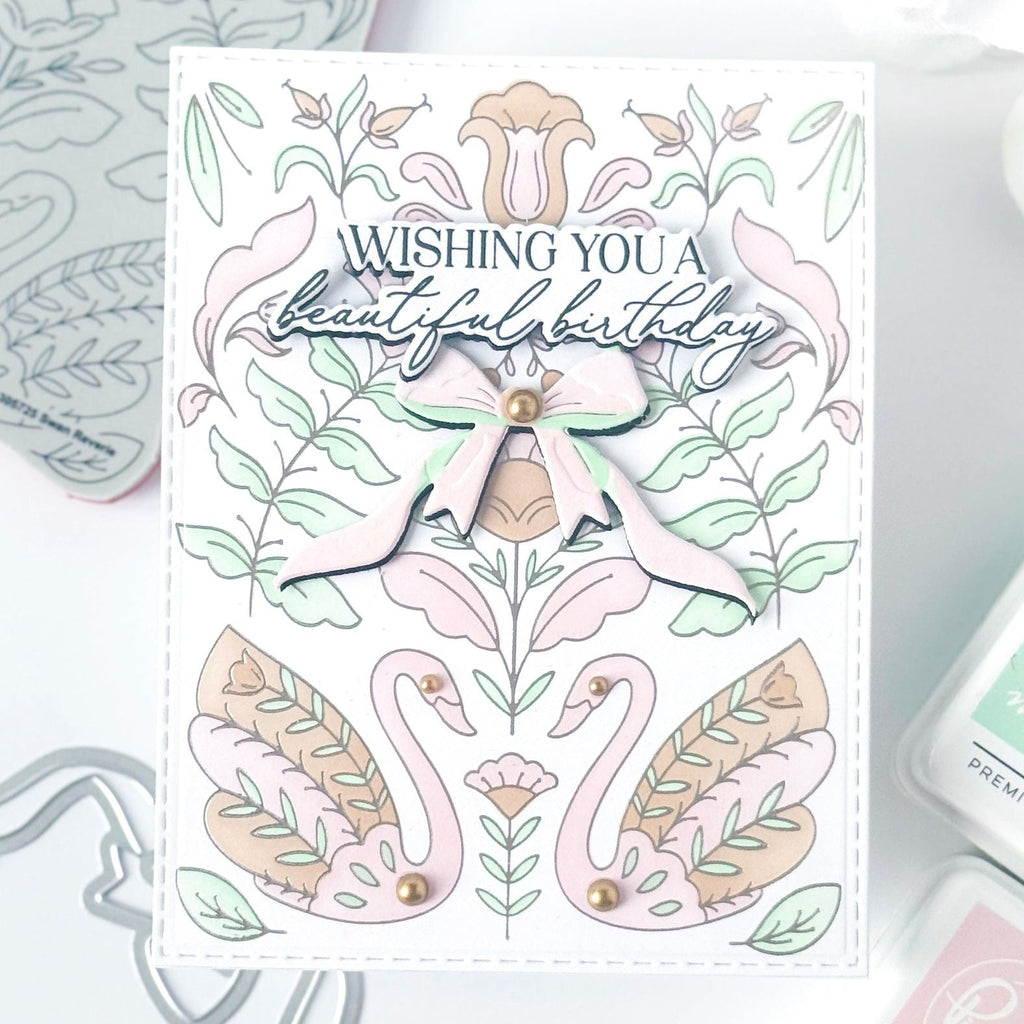 Pinkfresh Studio Swan Reverie Stencils 305825 Cheryl Espie beautiful birthday card