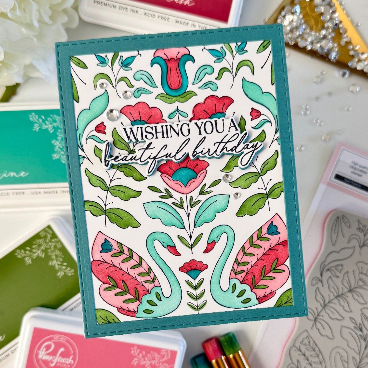 Pinkfresh Studio Swan Reverie Stencils 305825 Dana Wishing you a beautiful birthday