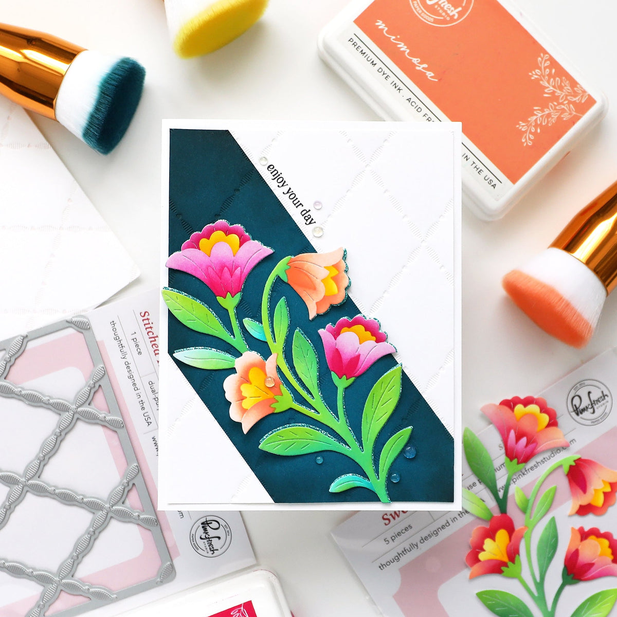 Pinkfresh Studio Sweet Bloom Die And Stencils Bundle Enjoy Your Day Card
