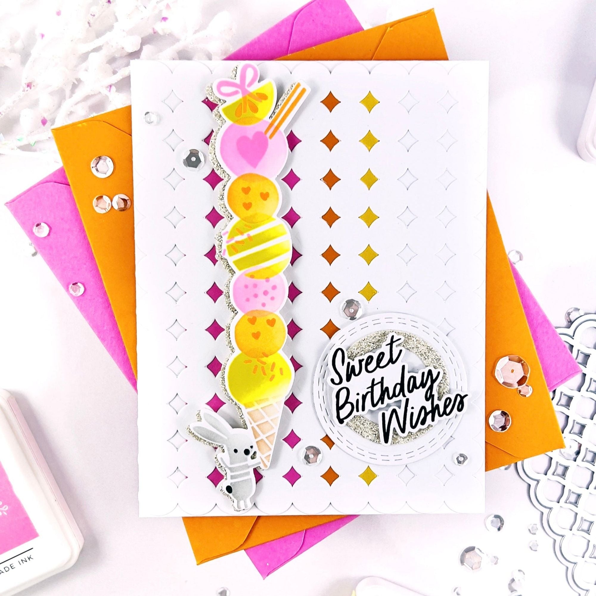 Pinkfresh Studio Sweet Scoops Die And Stencils Bundle Pink And Orange Card