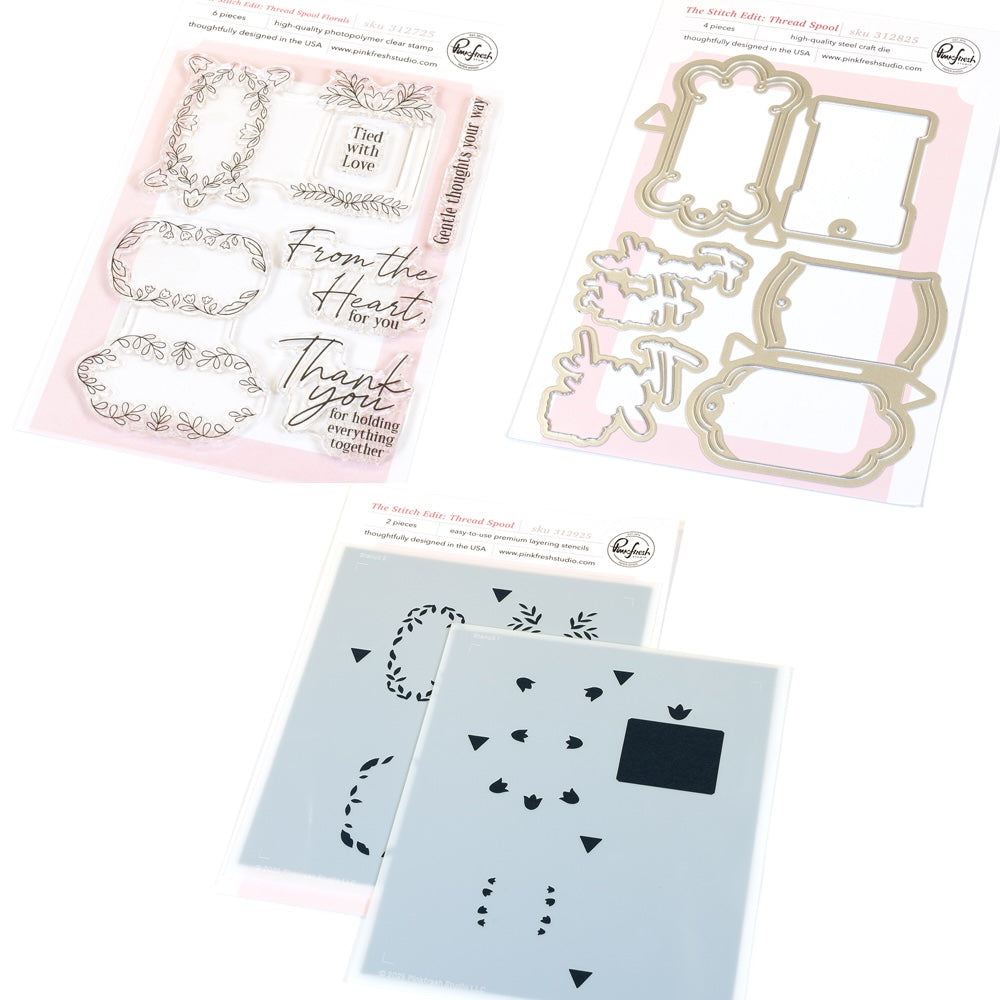 Pinkfresh Studio The Stitch Edit Thread Spool Florals Clear Stamps Dies And Stencils Bundle
