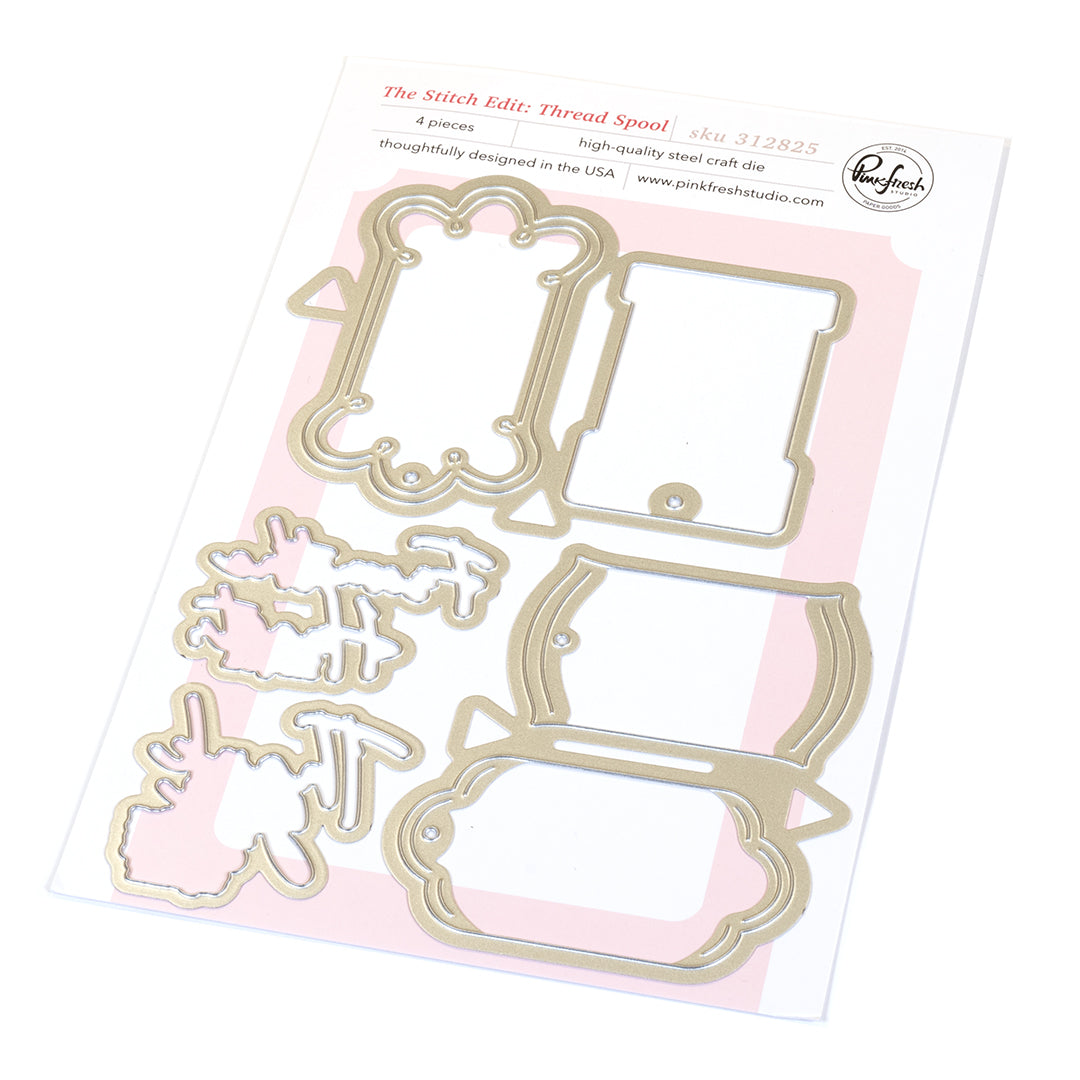 Pinkfresh Studio The Stitch Edit Thread Spool Florals Clear Stamps Dies And Stencils Bundle Die Cut Image
