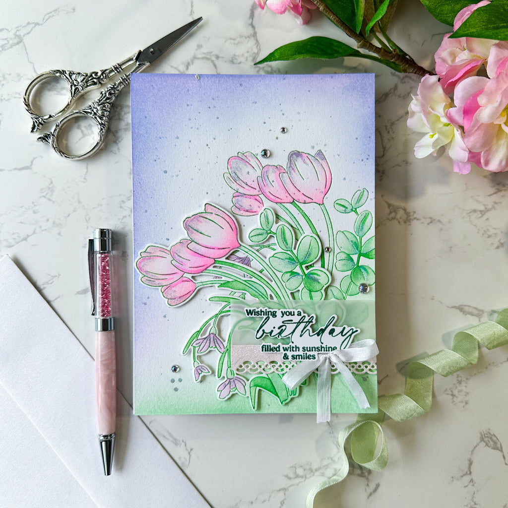 Pinkfresh Studio Timeless Tulips Stamps Dies Stencils And Press Plates Bundle Birthday Card
