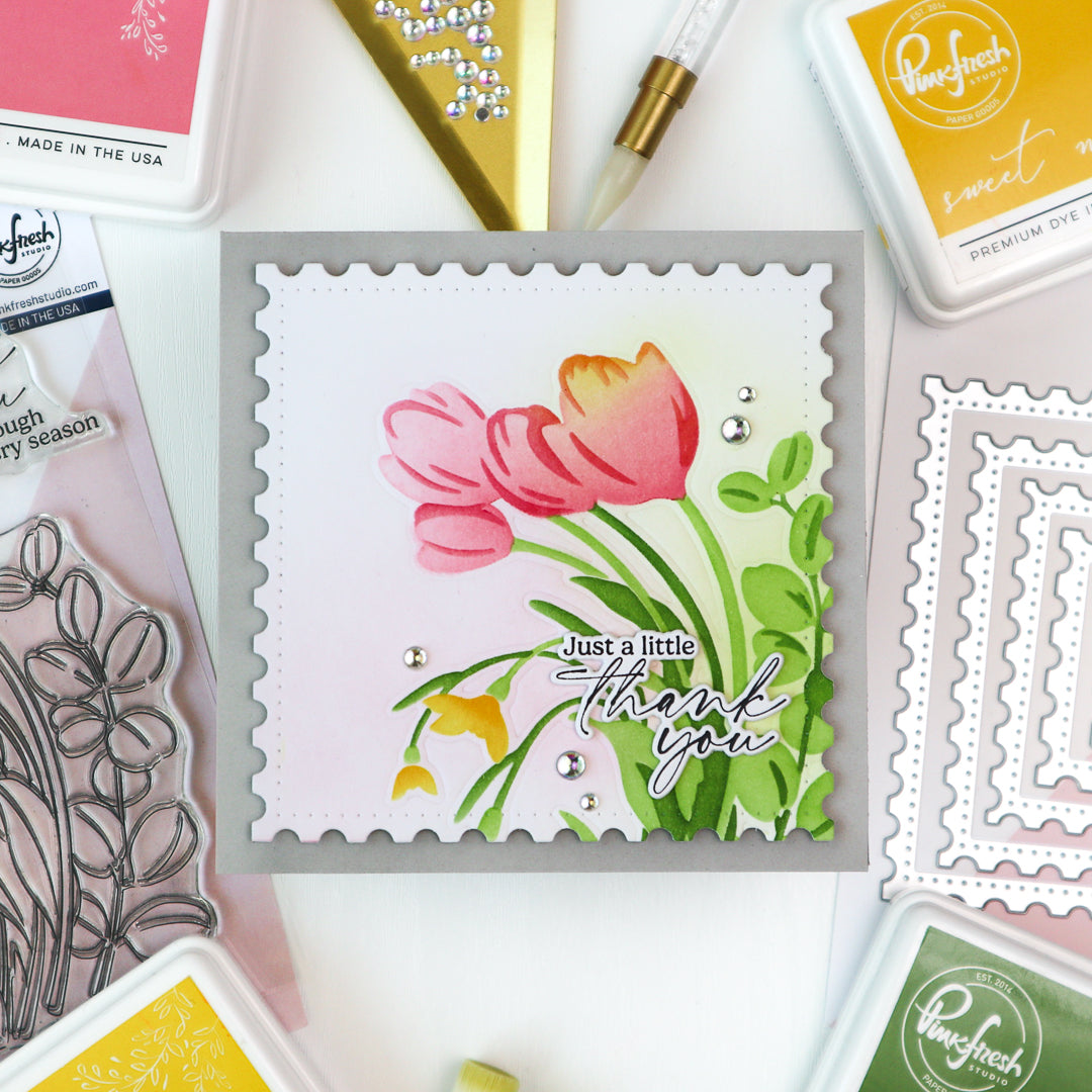 Pinkfresh Studio Timeless Tulips Stencils 277325 Just A Little Thank You Card