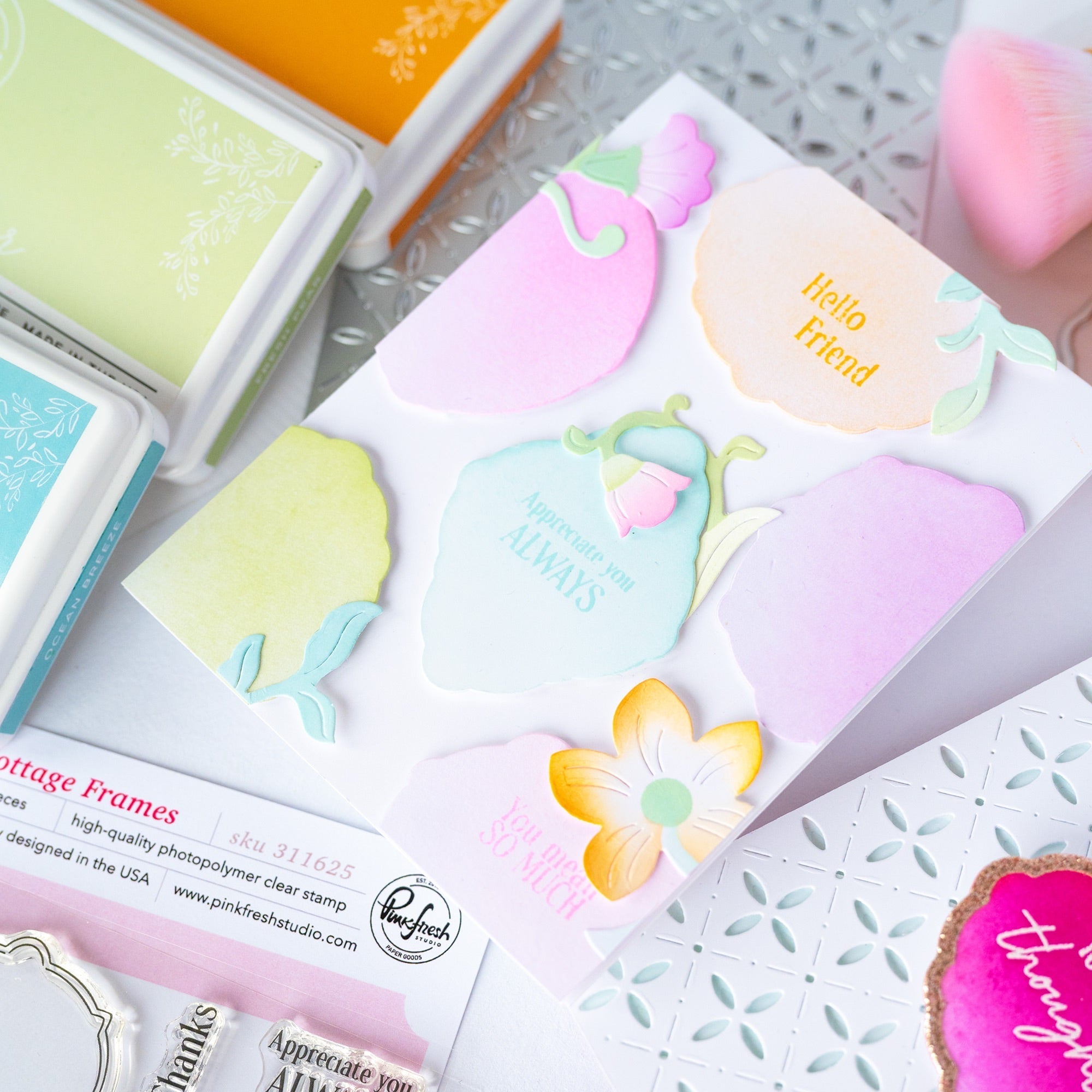 Pinkfresh Studio Trailing Grace Die And Stencils Bundle Hello Friend Card