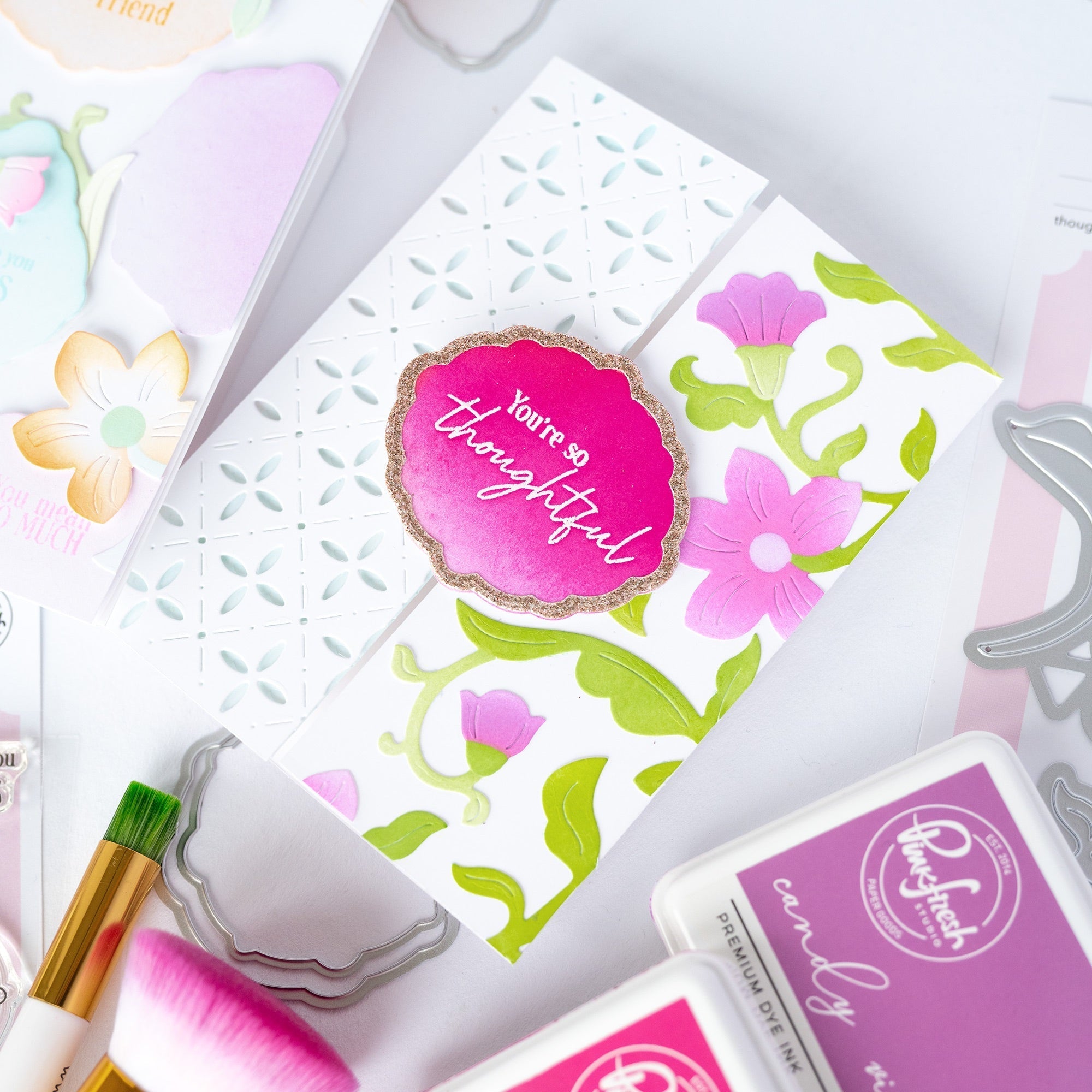 Pinkfresh Studio Trailing Grace Die And Stencils Bundle You're So Thoughtful Card