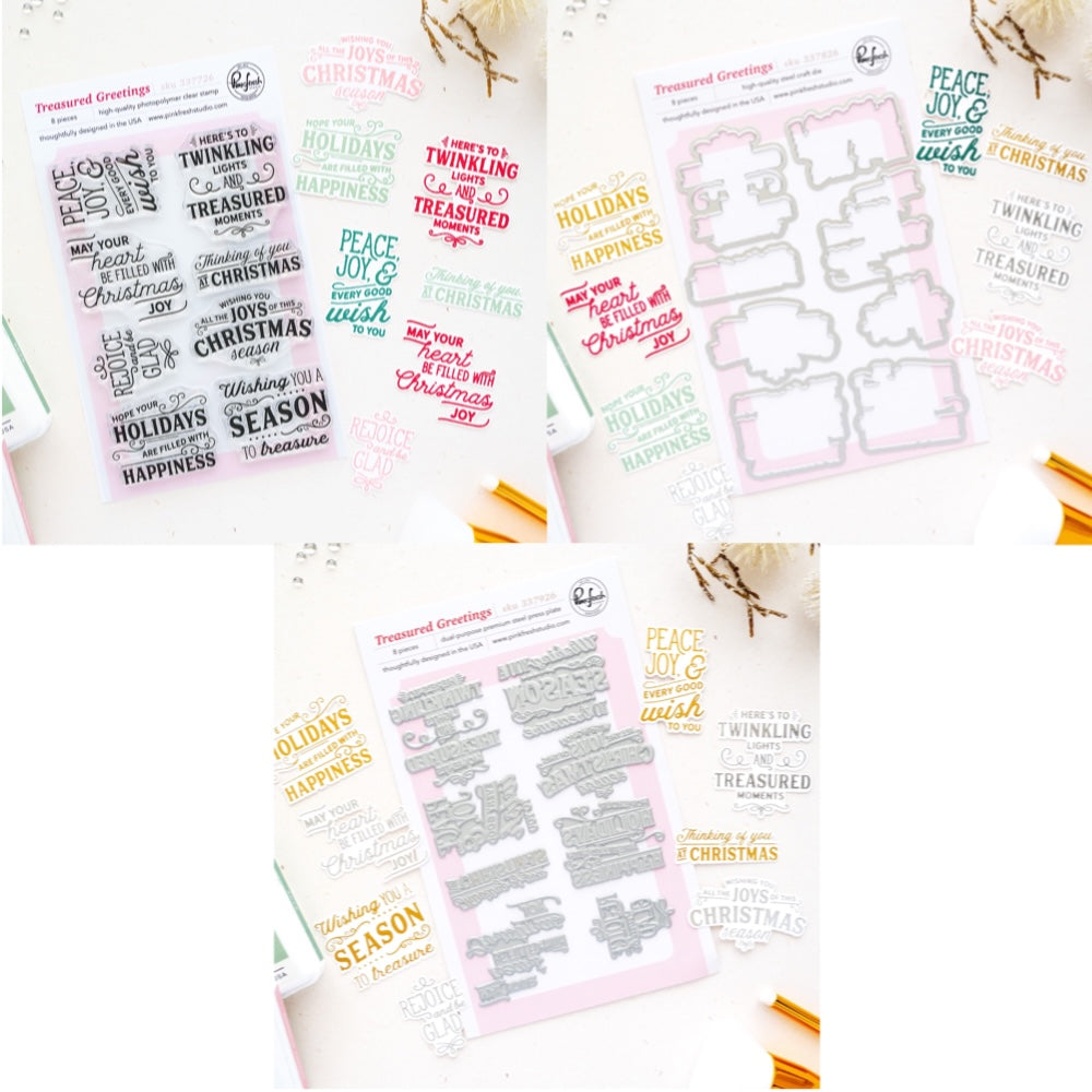 Pinkfresh Studio Treasured Greetings Clear Stamps Dies And Press Plates Bundle