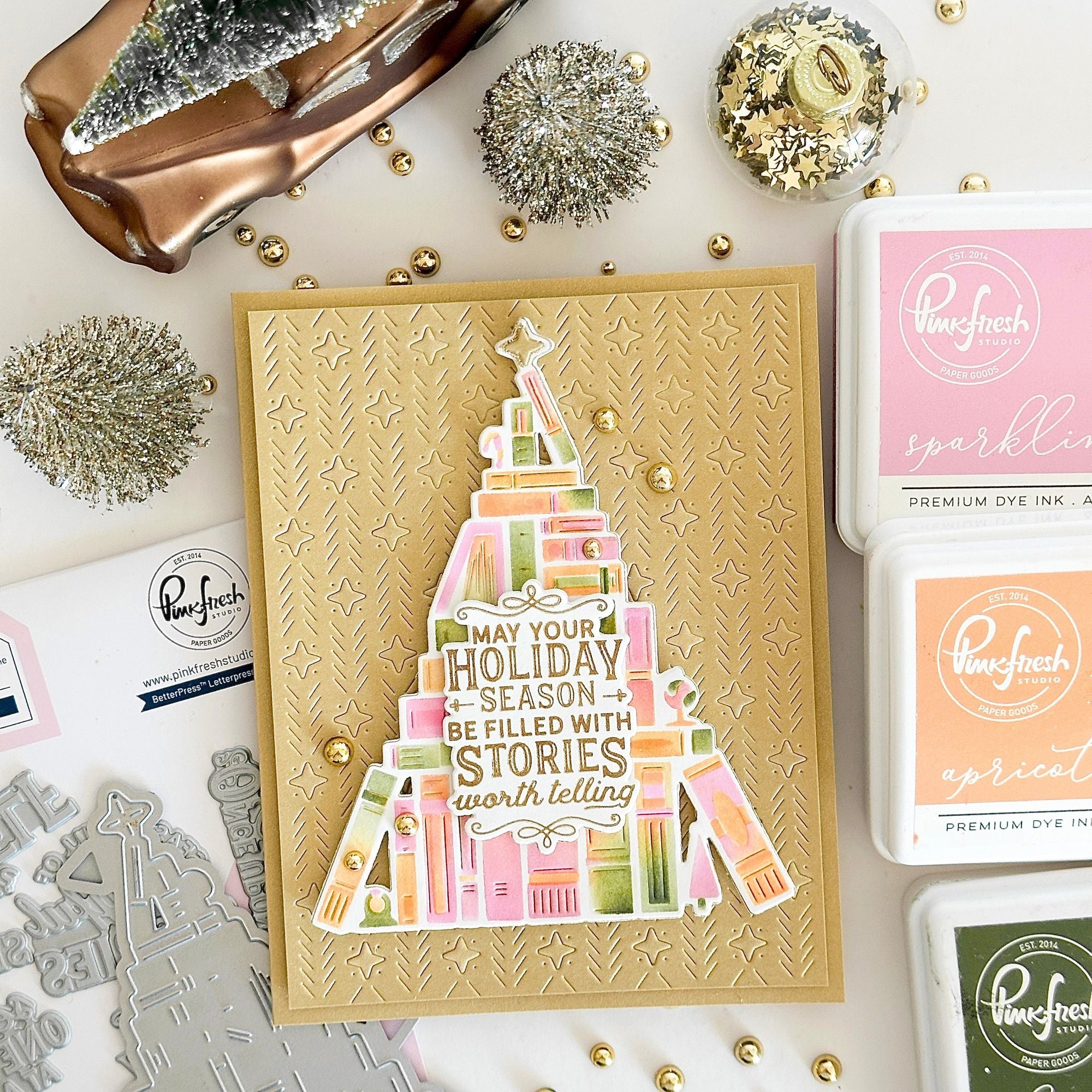 Pinkfresh Studio Tree Of Tales Die And Stencils Bundle Christmas Stories Card