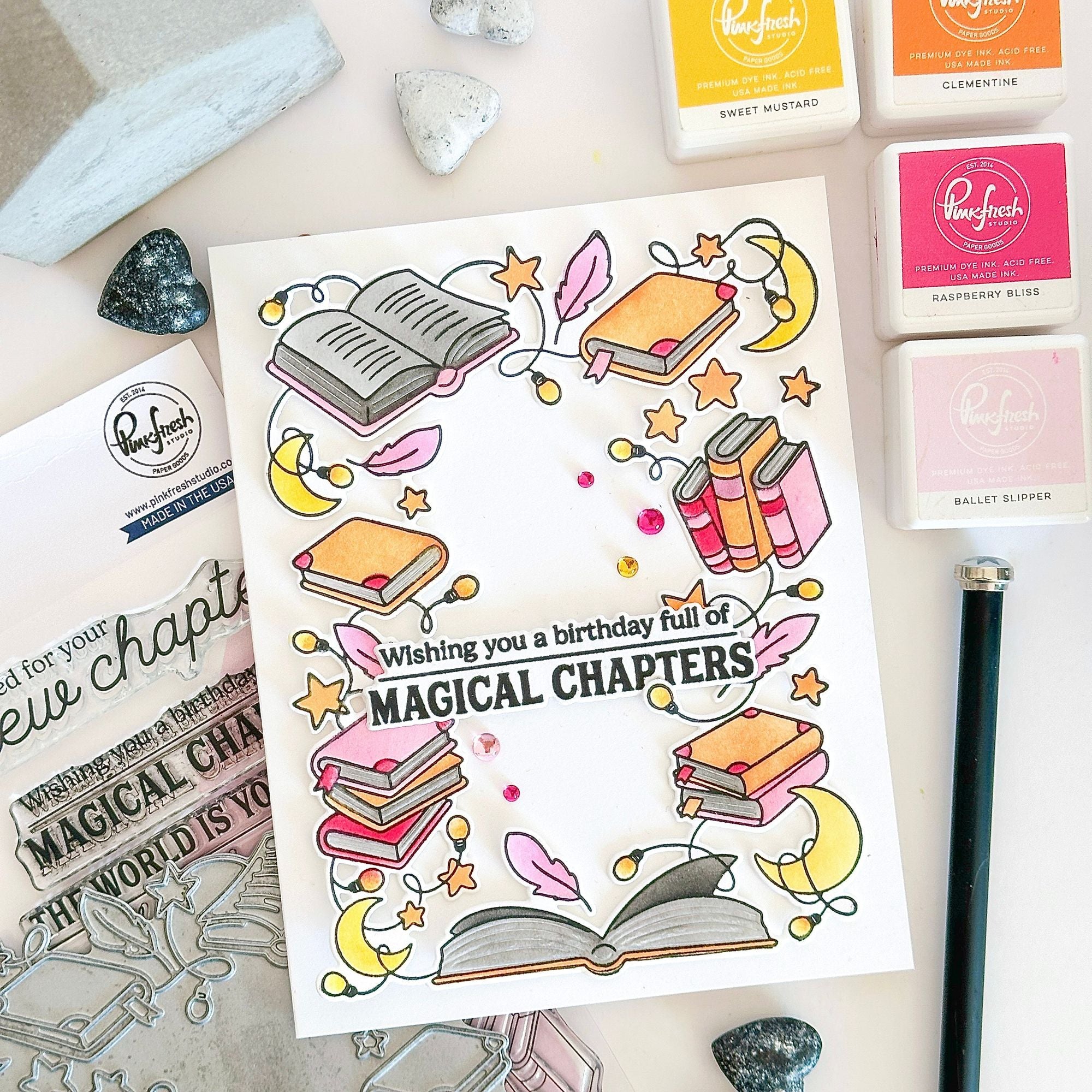 Pinkfresh Studio Twilight Tales Stamps Dies Stencils And Press Plates Bundle Wishing You A Birthday Full Of Magical Chapters Card