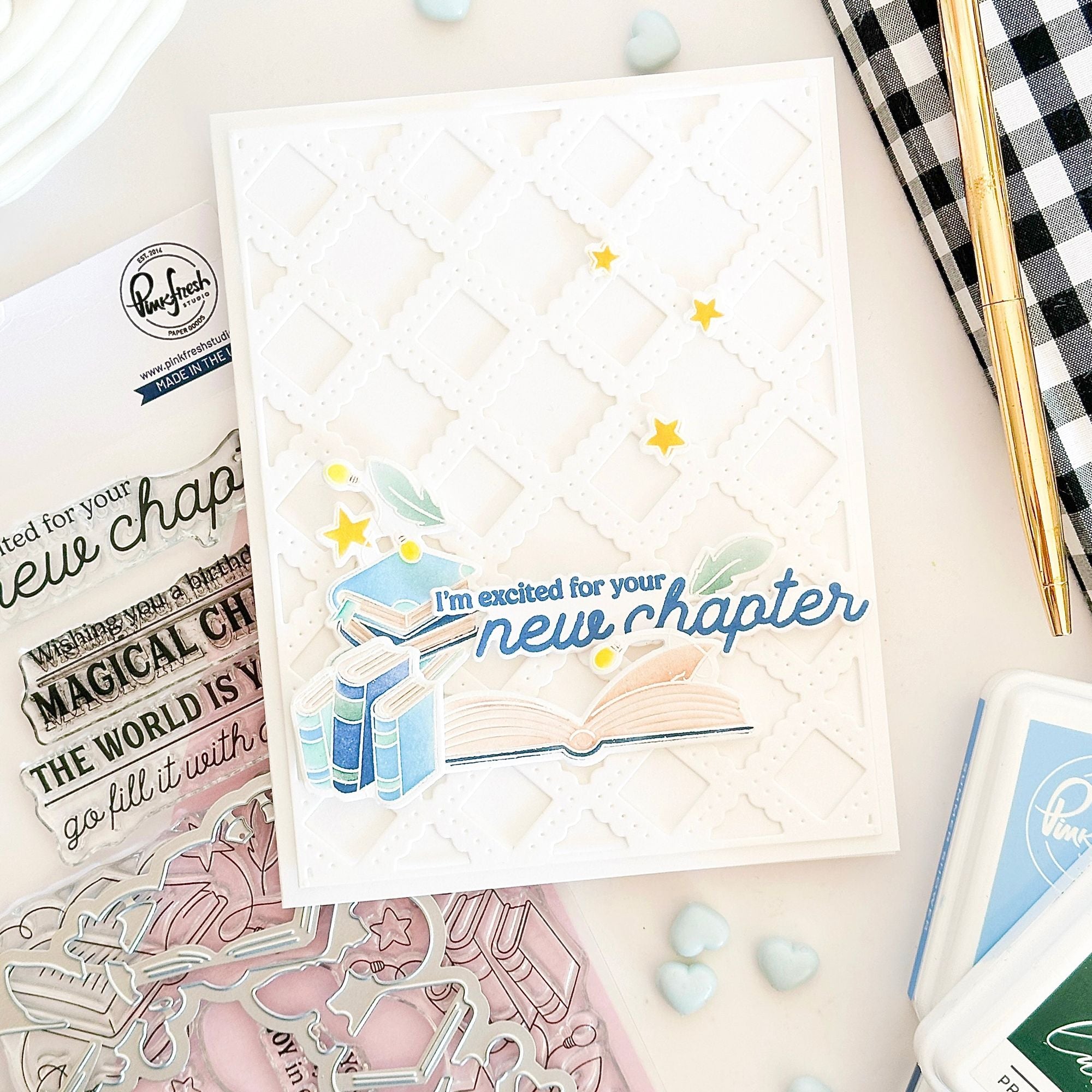 Pinkfresh Studio Twilight Tales Stencils 294925 New Chapter Card