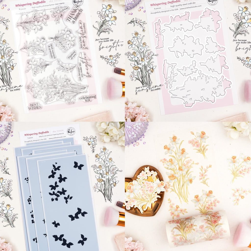 Pinkfresh Studio Whispering Daffodils Clear Stamps Dies Stencils And Washi Tape Bundle