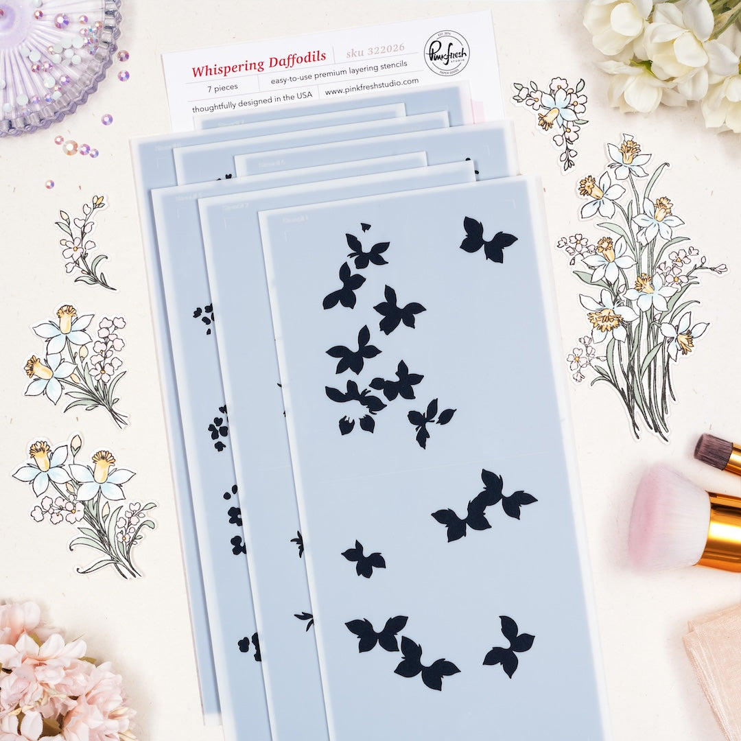 Pinkfresh Studio Whispering Daffodils Clear Stamps Dies Stencils And Washi Tape Bundle 322026 Stencils