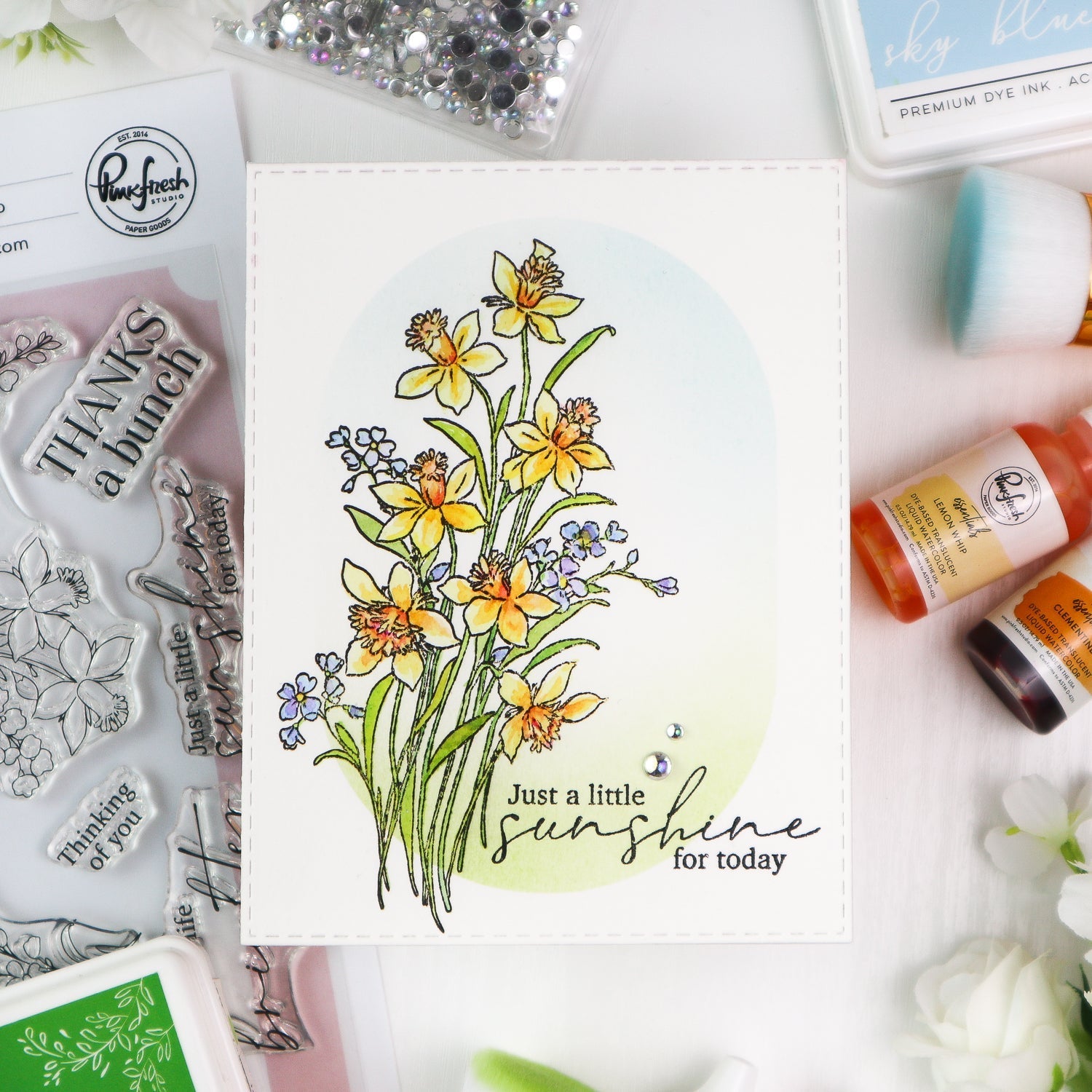Pinkfresh Studio Whispering Daffodils Clear Stamps Dies Stencils And Washi Tape Bundle Just A Little Sunshine For Today Card
