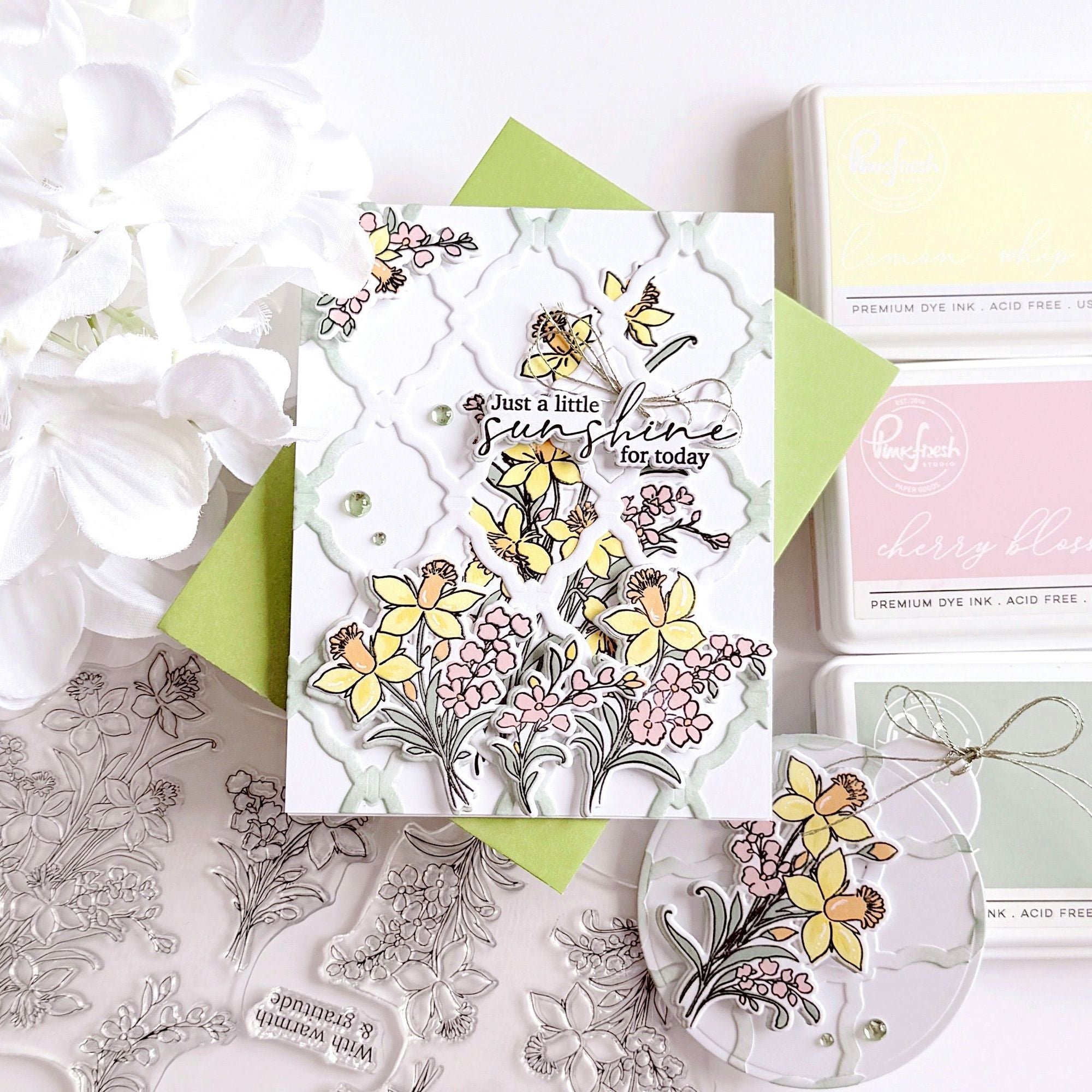 Pinkfresh Studio Whispering Daffodils Clear Stamps Dies Stencils And Washi Tape Bundle Sunshine Flowers Card