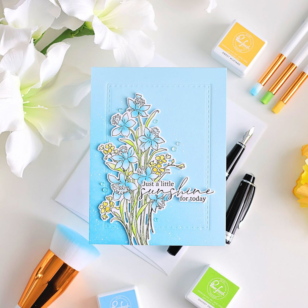 Pinkfresh Studio Whispering Daffodils Stencils 322026 Just A Little Sunshine For Today Card