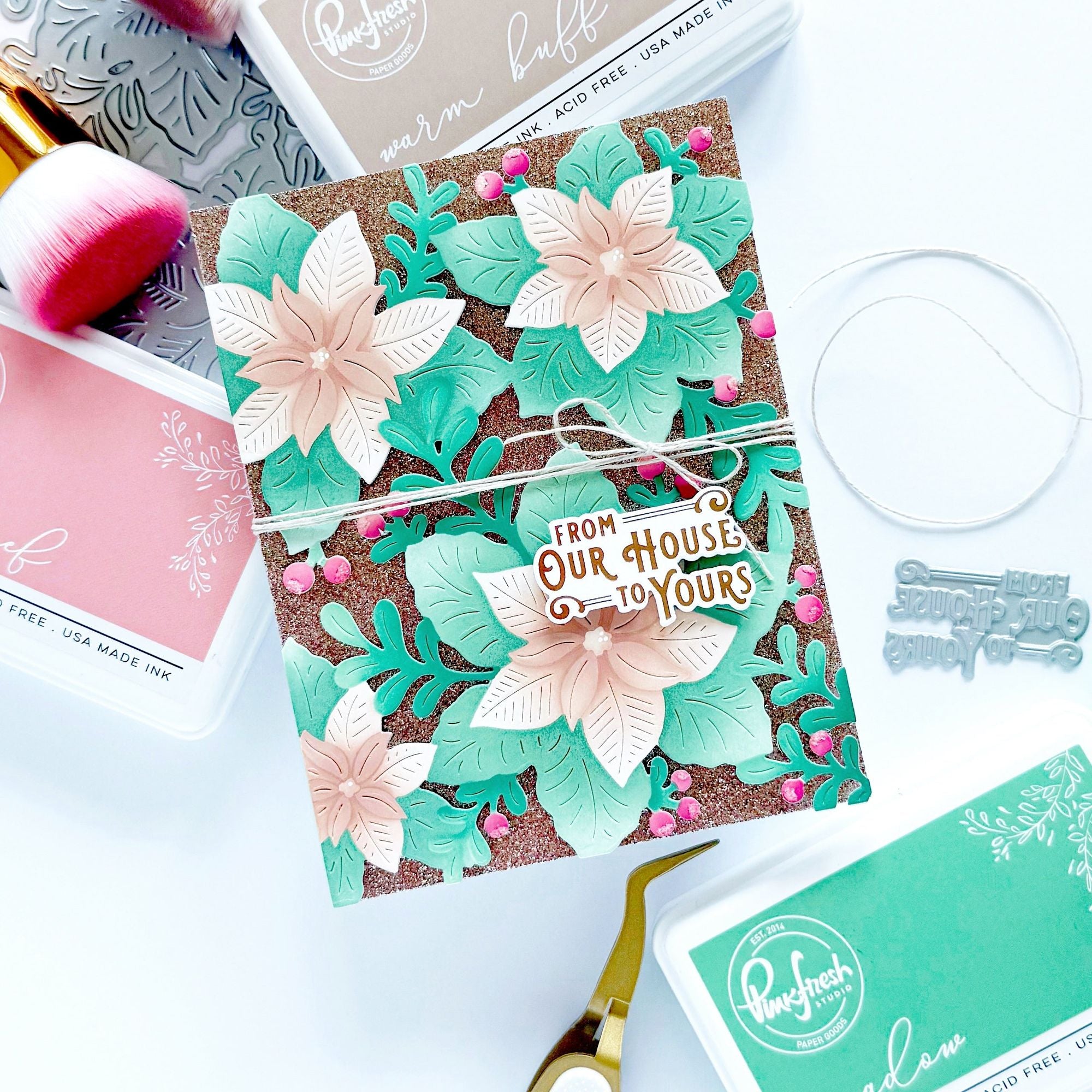 Pinkfresh Studio Whispers of Poinsettias Die And Stencils Bundle Christmas Floral Card