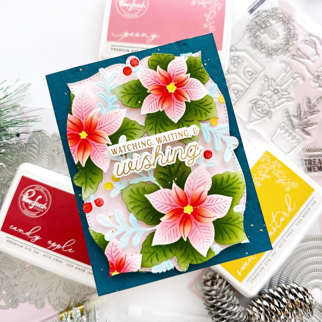 Pinkfresh Studio Whispers of Poinsettias Die And Stencils Bundle Christmas Wishing Card