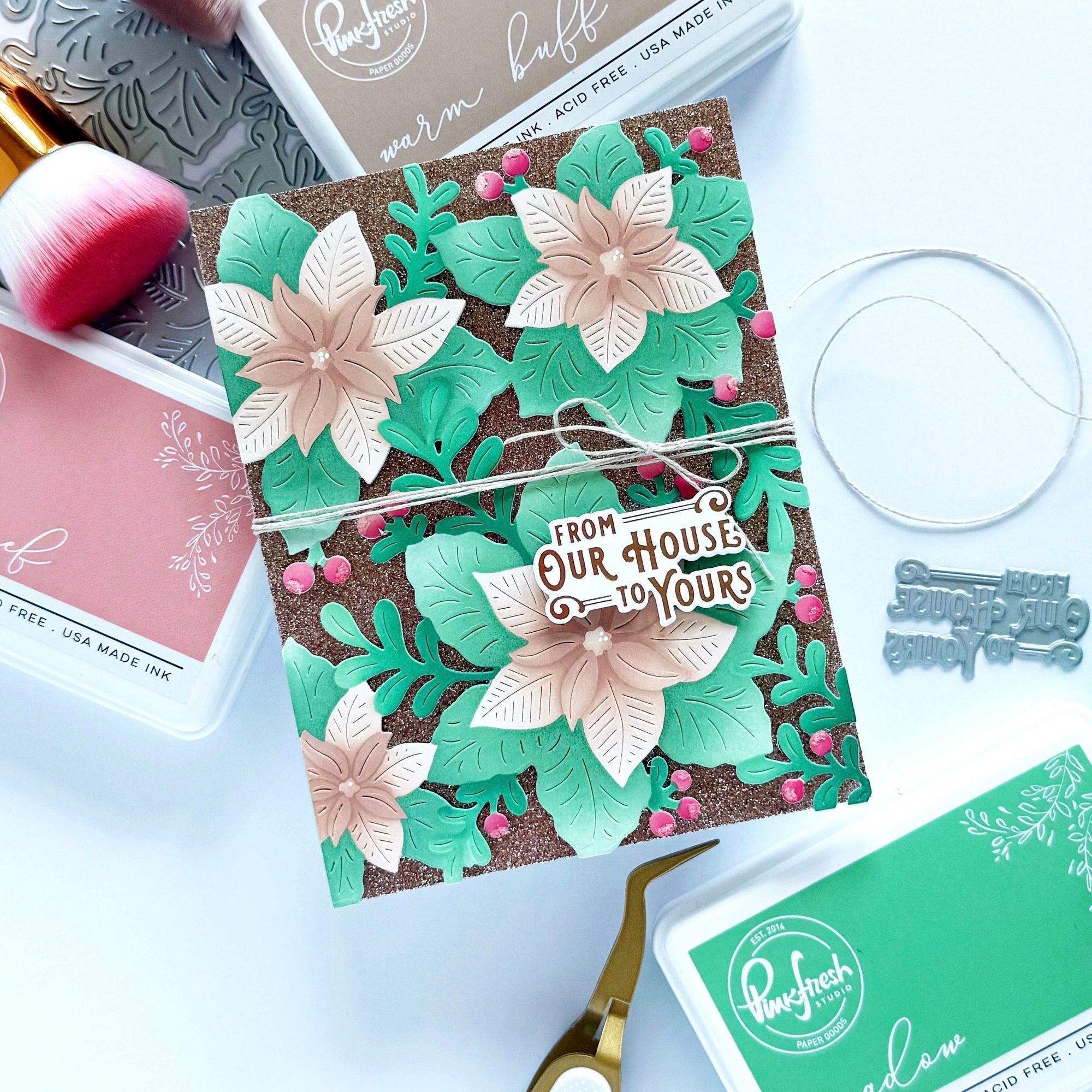 Pinkfresh Studio Whispers of Poinsettias Stencils 292225 Christmas From Our House To Yours Card