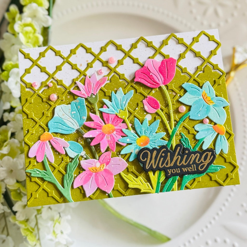 Pinkfresh Studio Wildflower Elegance Stencils 307725 Kailash Wishing You Well Card