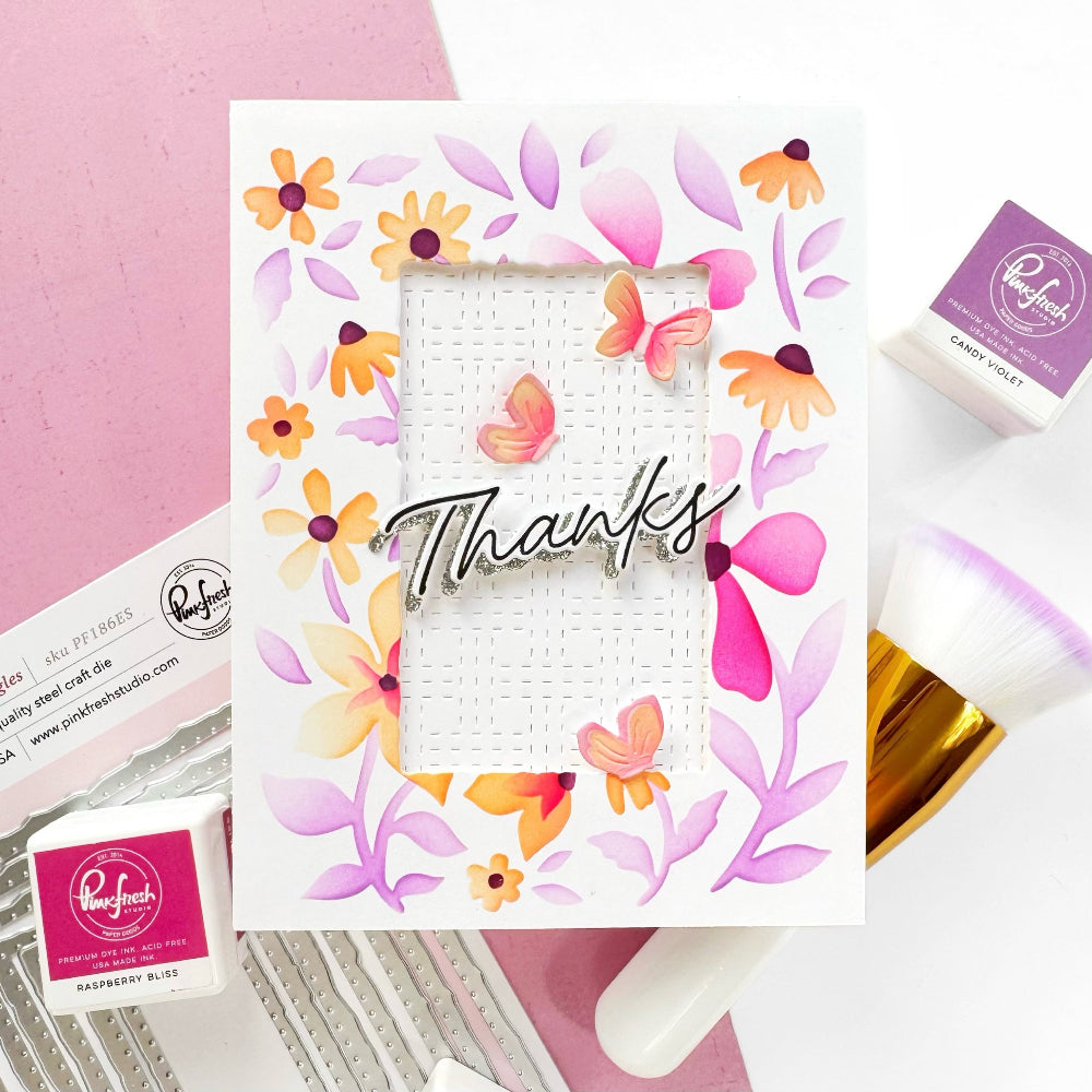 Pinkfresh Studio Wildflower Notes Stencils 330526 Steph Thanks butterfly and Flower Card