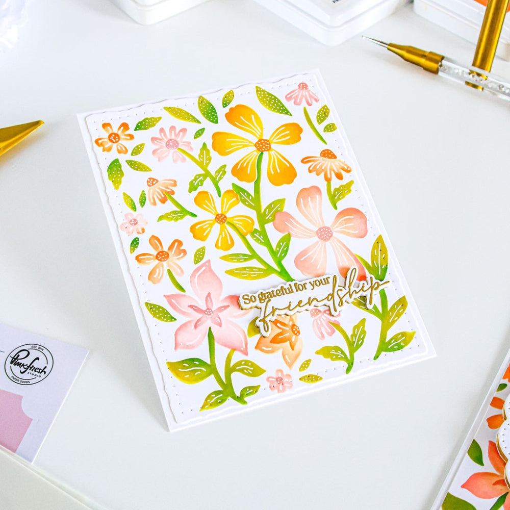 Pinkfresh Studio Wildflower Notes Stencils 330526 Yasmin Diaz So grateful for your friendship Flower Card
