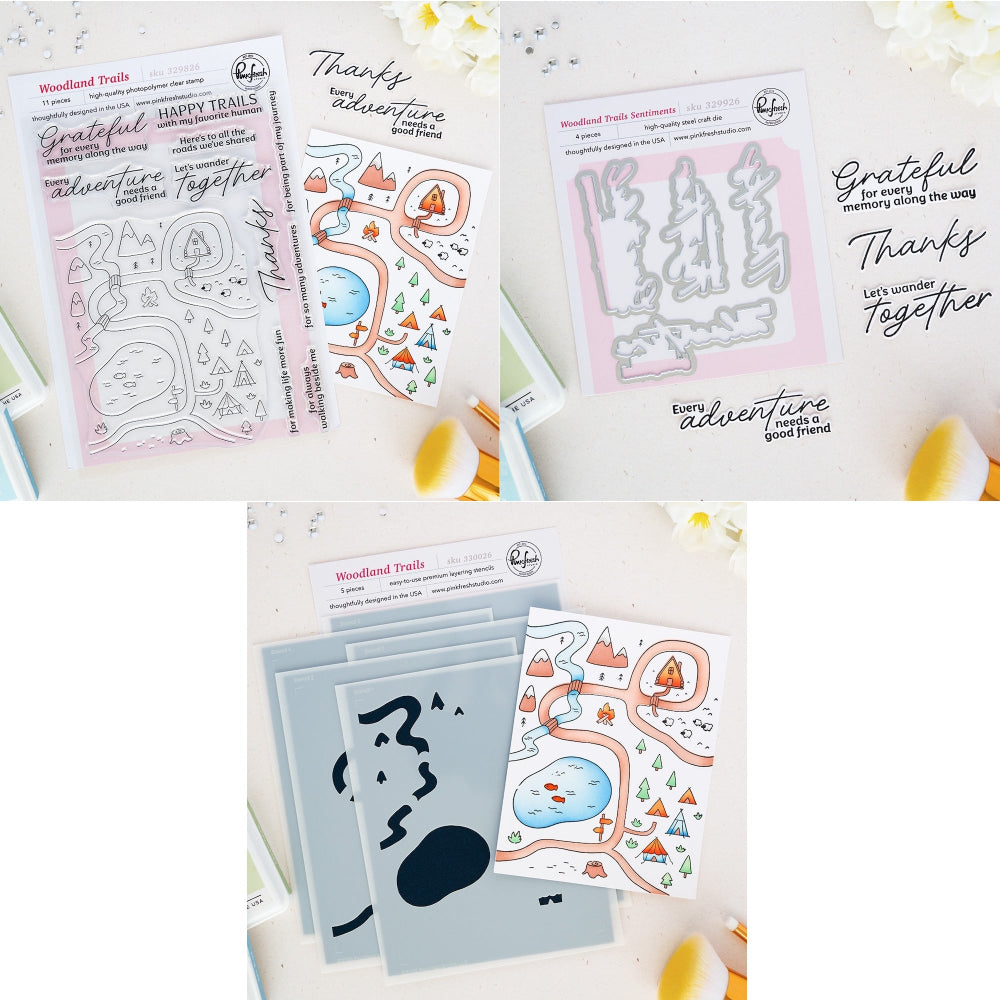 Pinkfresh Studio Woodland Trails Clear Stamps Dies And Stencils Bundle