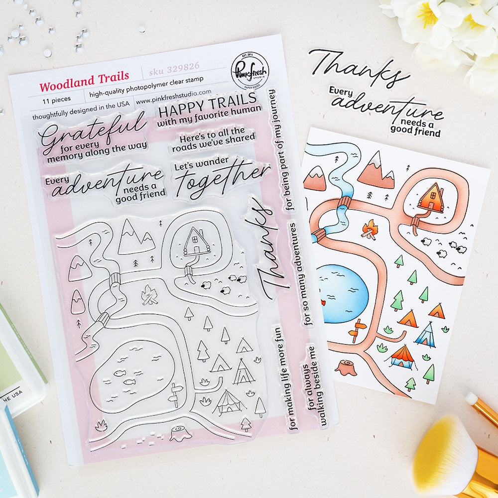 Pinkfresh Studio Woodland Trails Clear Stamps Dies And Stencils Bundle 329826 Clear Stamp Set and Color Sample of Trail Map
