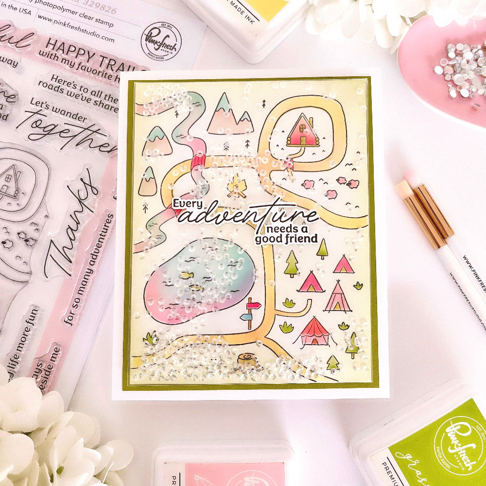 Pinkfresh Studio Woodland Trails Clear Stamps Dies And Stencils Bundle Debby Every adventure needs a good friend trail map card