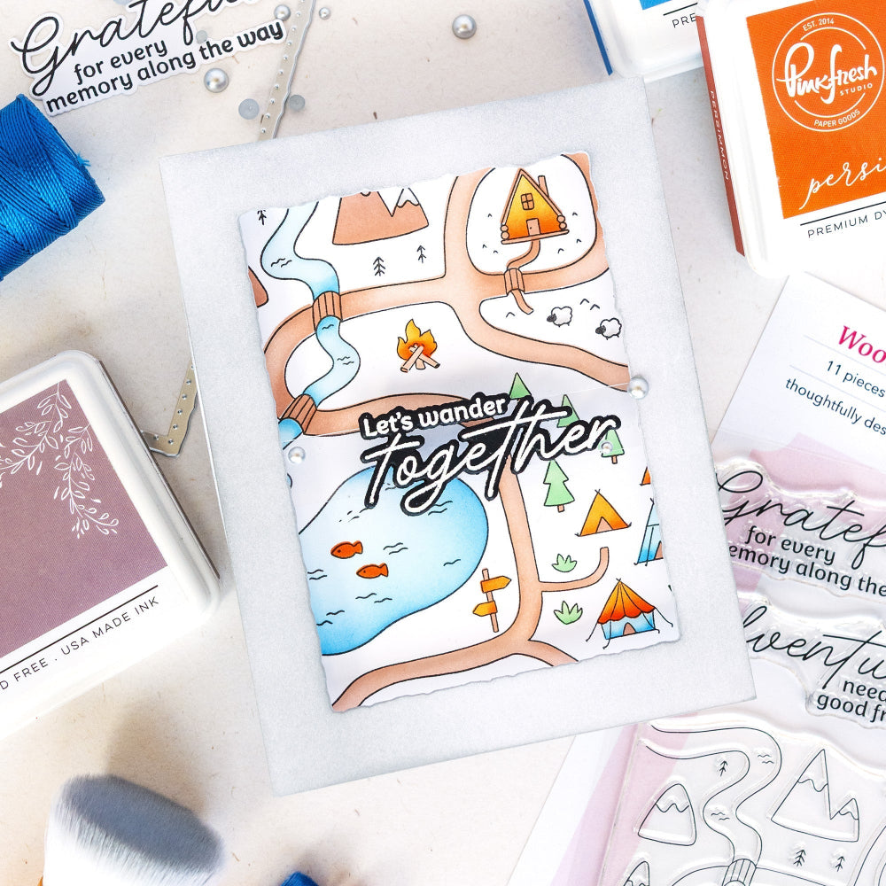 Pinkfresh Studio Woodland Trails Clear Stamps Dies And Stencils Bundle Kathleen Let's wander together trail map card
