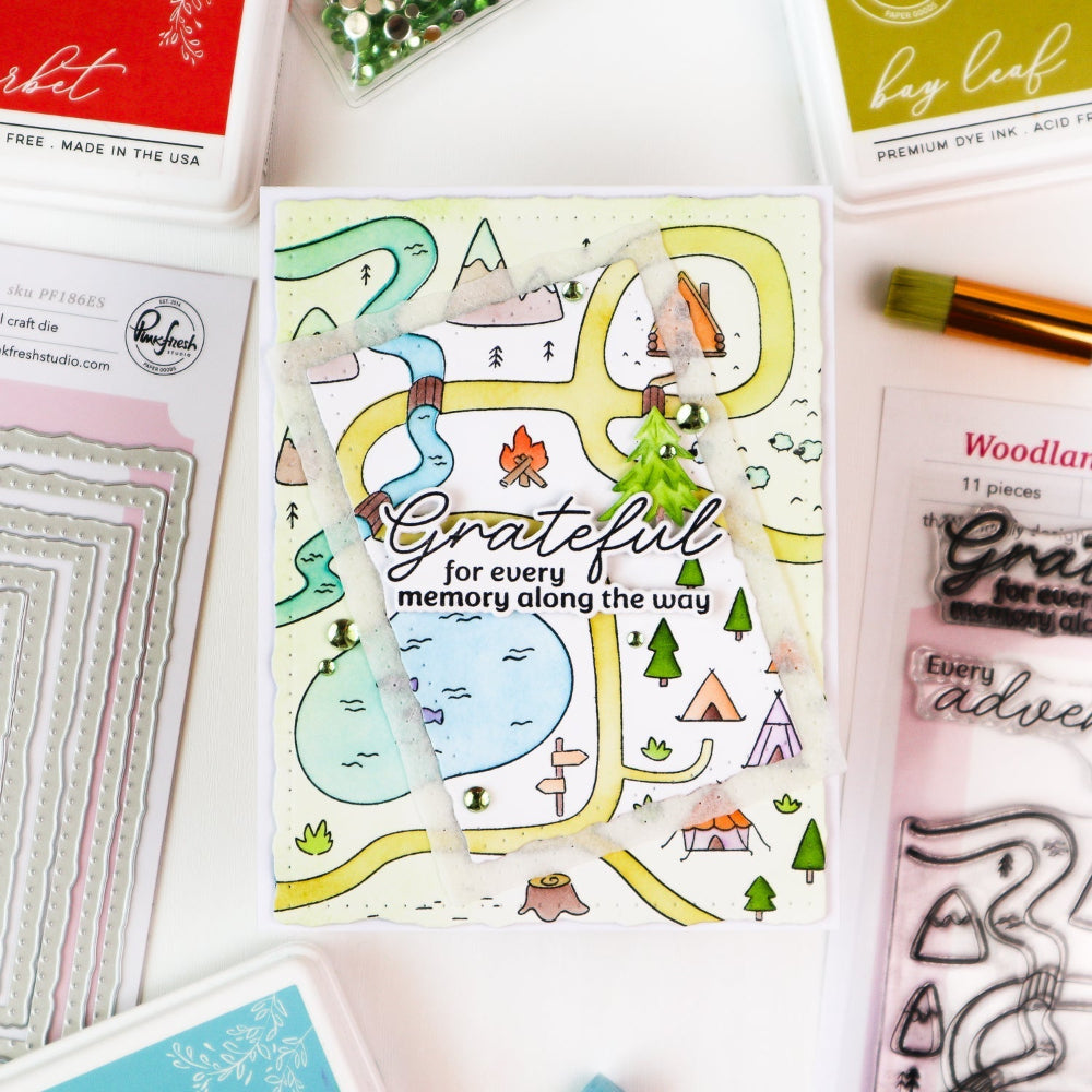 Pinkfresh Studio Woodland Trails Sentiments Dies 329926 TaeEun Grateful for every memory along the way Trail Card