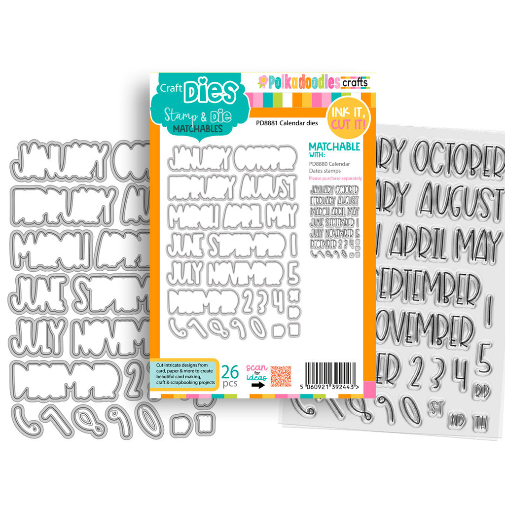 Polkadoodles Calendar Months and Numbers Outline Dies pd8881