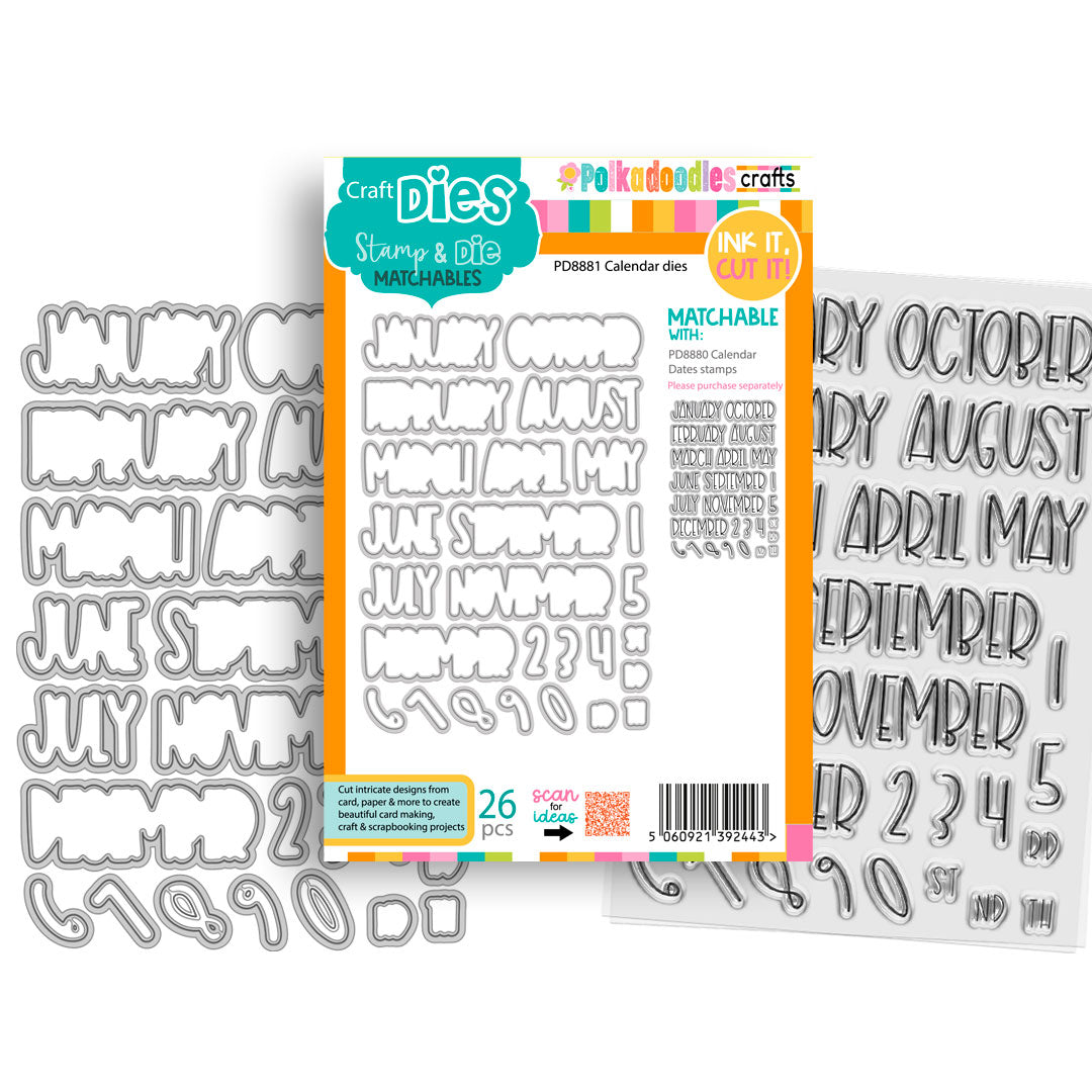 Polkadoodles Calendar Months and Numbers Outline Dies pd8881
