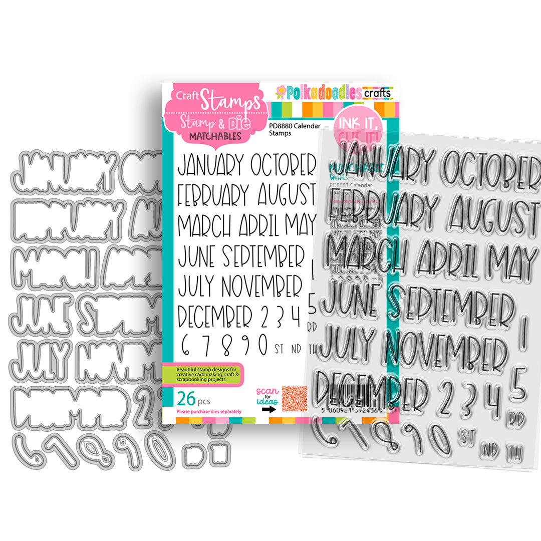Polkadoodles Calendar Months and Numbers Stamp and Die Bundle