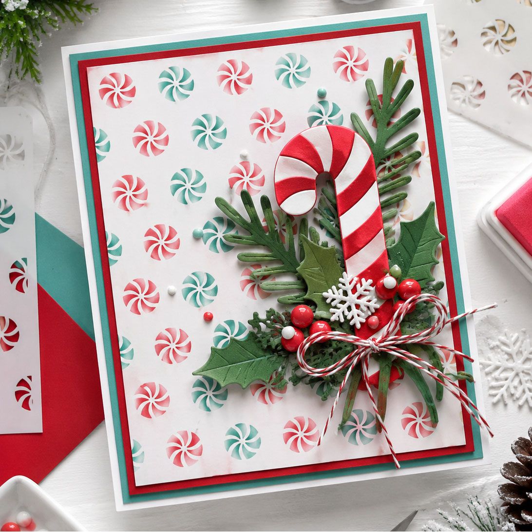 Polkadoodles Candy Twist 6x6 Stencil pd9207 peppermint candy cane greenery card