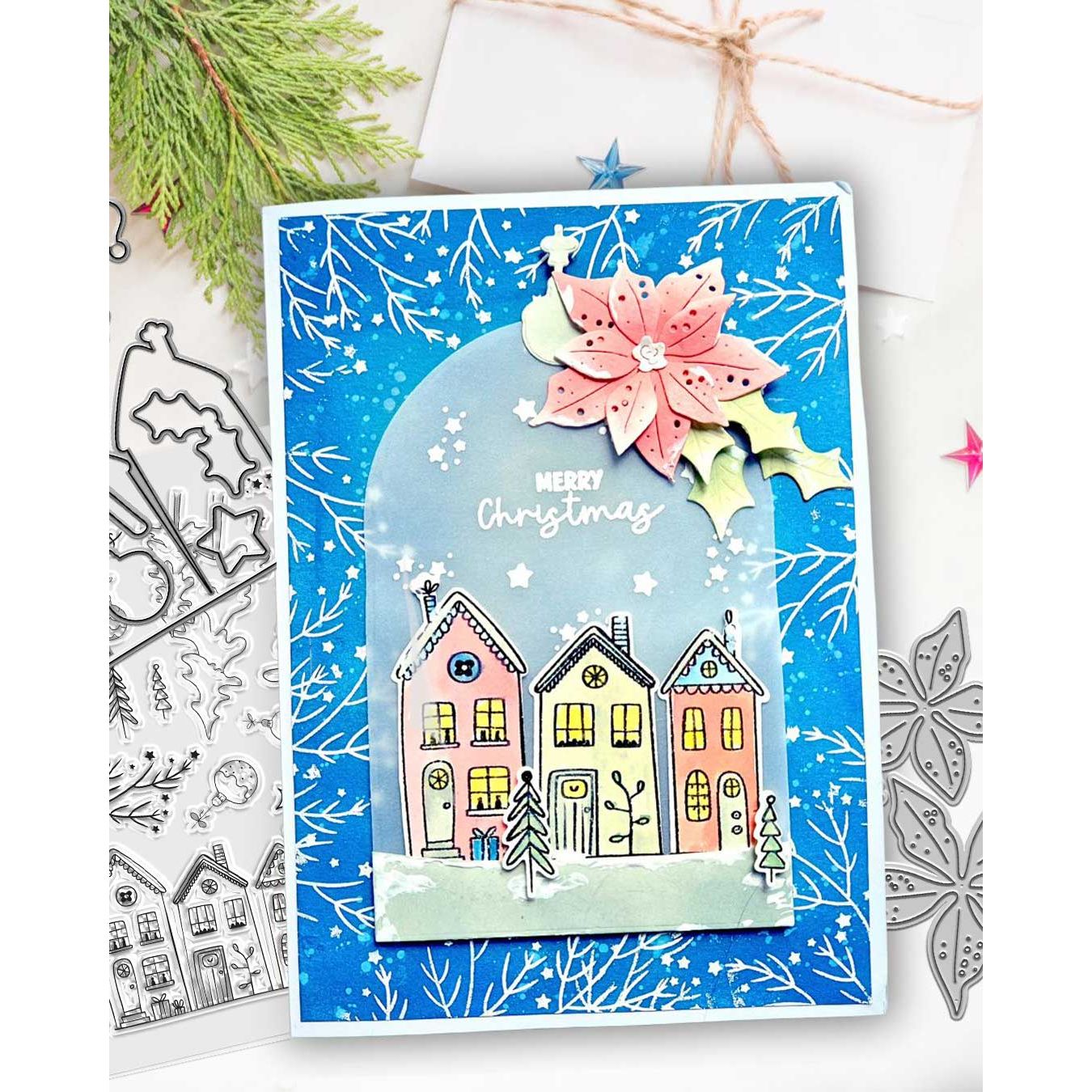 Polkadoodles Cozy Christmas Holiday Houses Clear Stamps pd9060 poinsettia