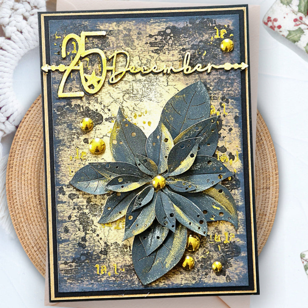 Polkadoodles Elegant 25 December Dies pd9186 gold and blue poinsettia holiday card