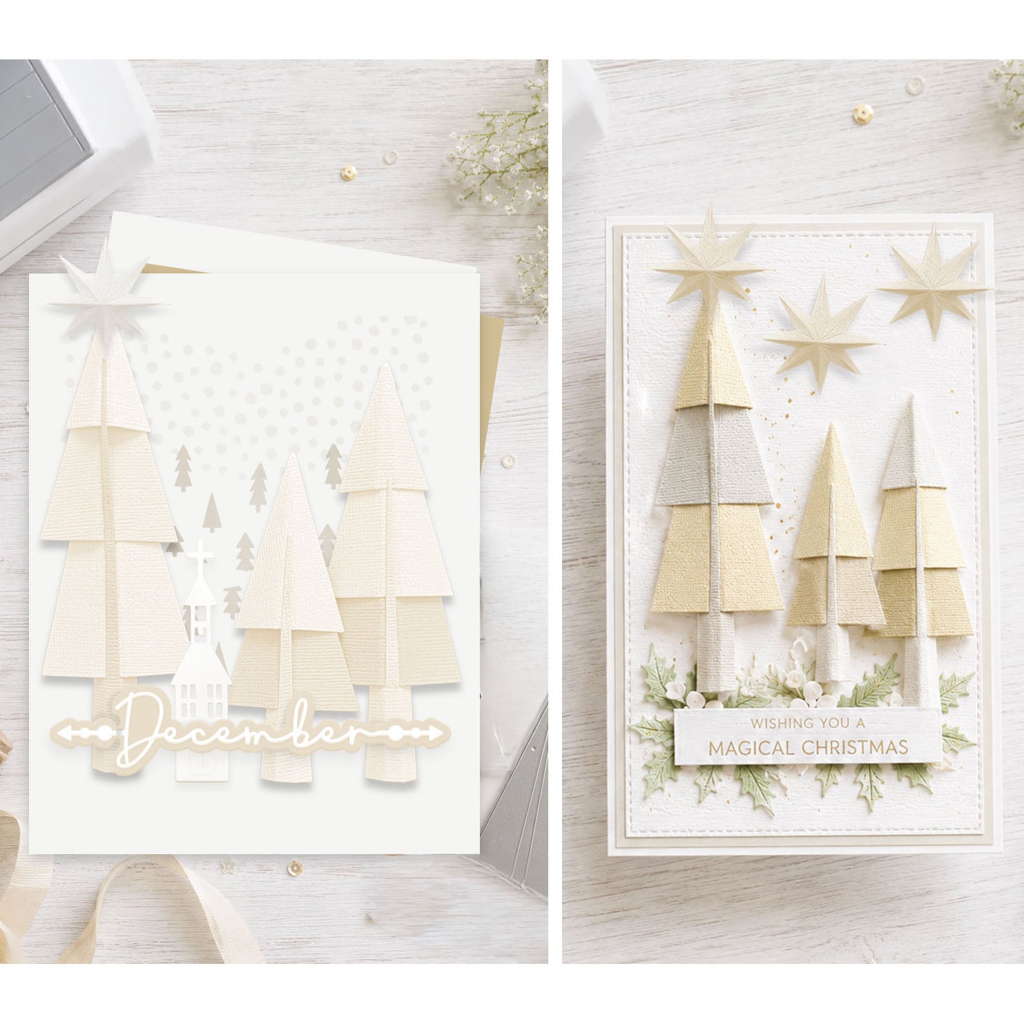 Polkadoodles Elegant Sculptured Trees Dies pd9193 cream and gold christmas cards