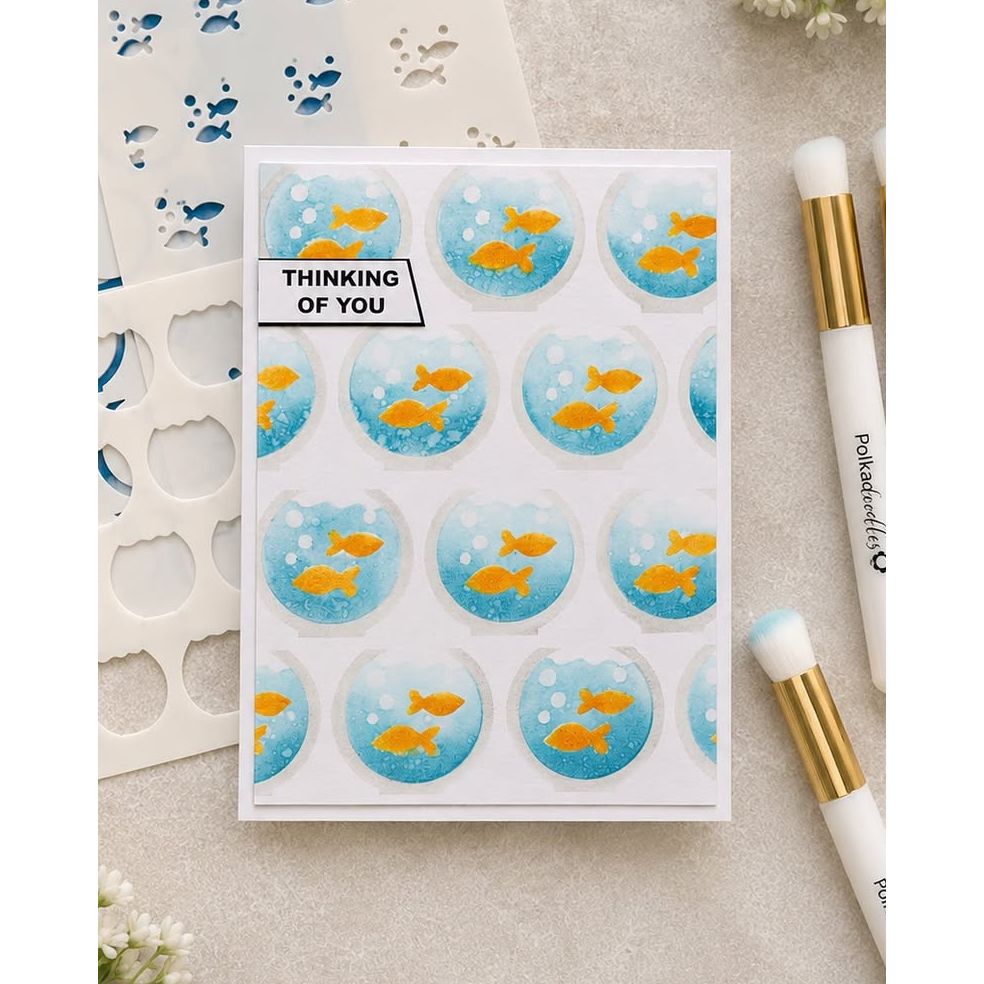 Polkadoodles Goldfish Bowl 6x8 Layering Stencils pd9151 fish bowl bubbles water thinking of you card